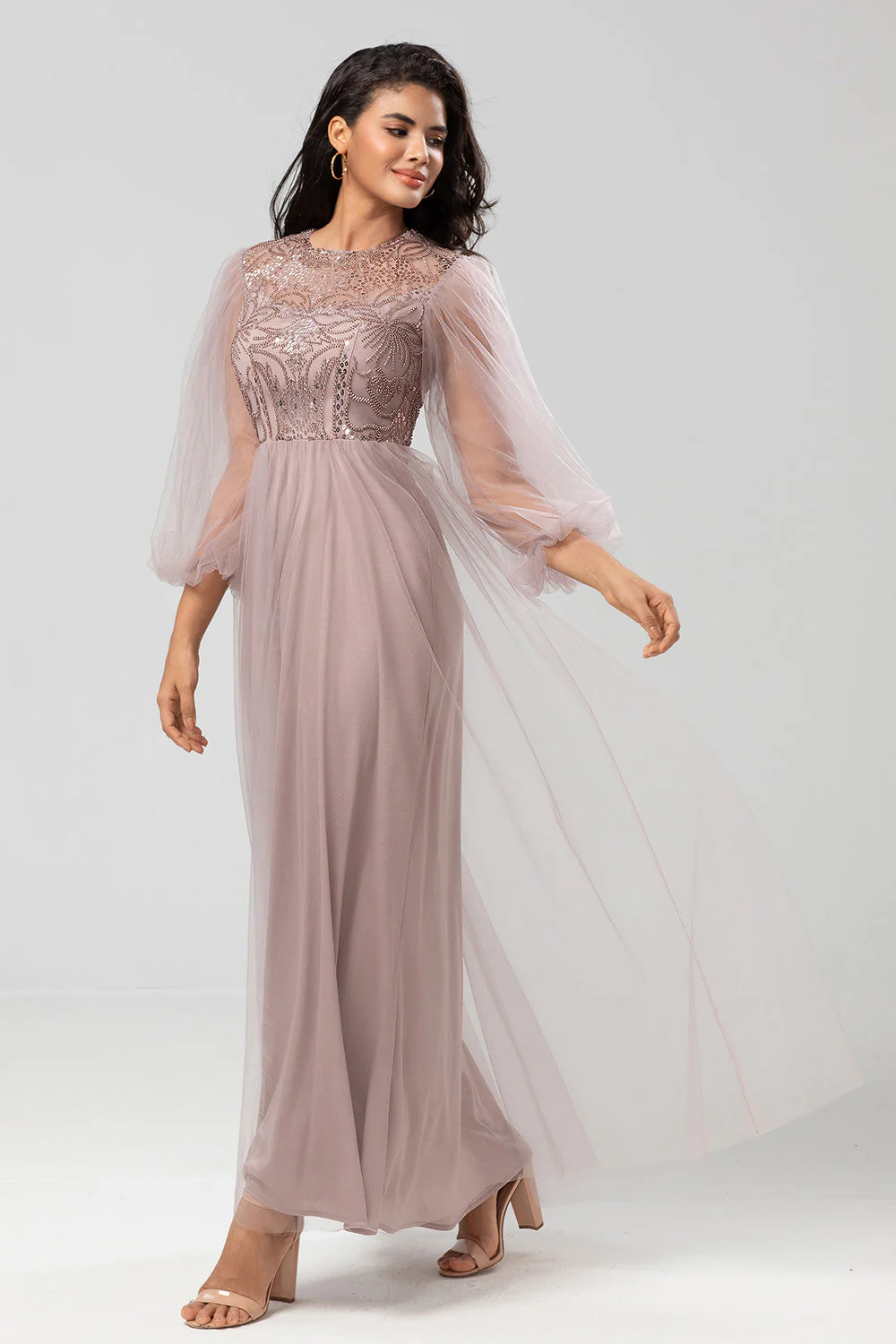 Chic Romantic A Line Jewel Neck Grey Blue Long Wedding Party Dress with Long Sleeves - JUORTHO