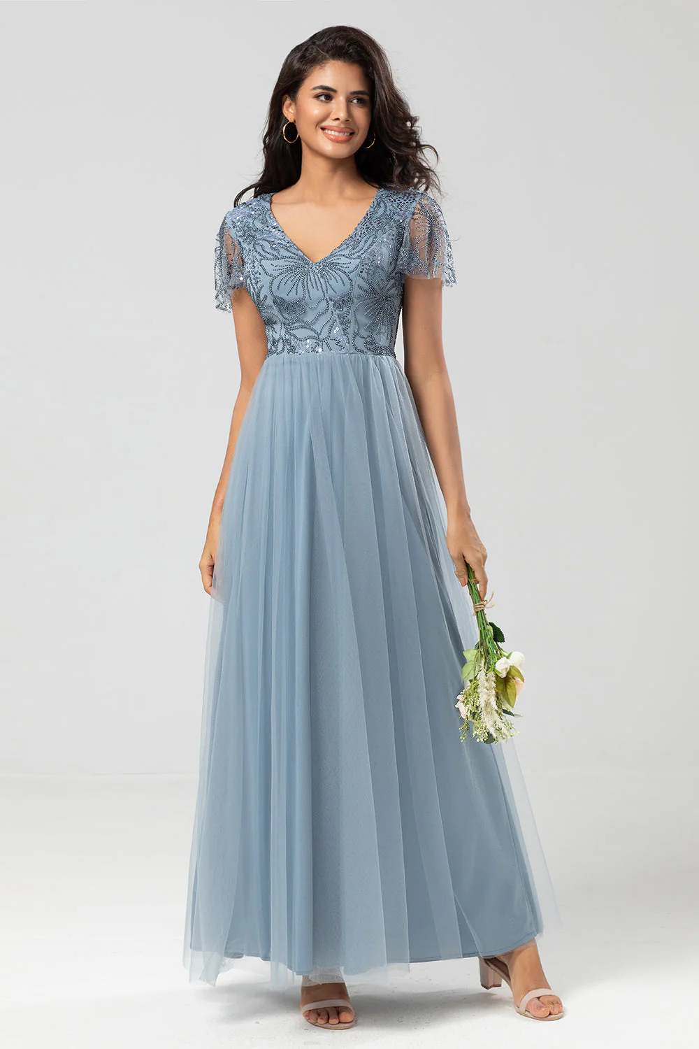 Confidently Charismatic A Line V Neck Dusty Blue Long Bridesmaid Dress with Beading - JUORTHO