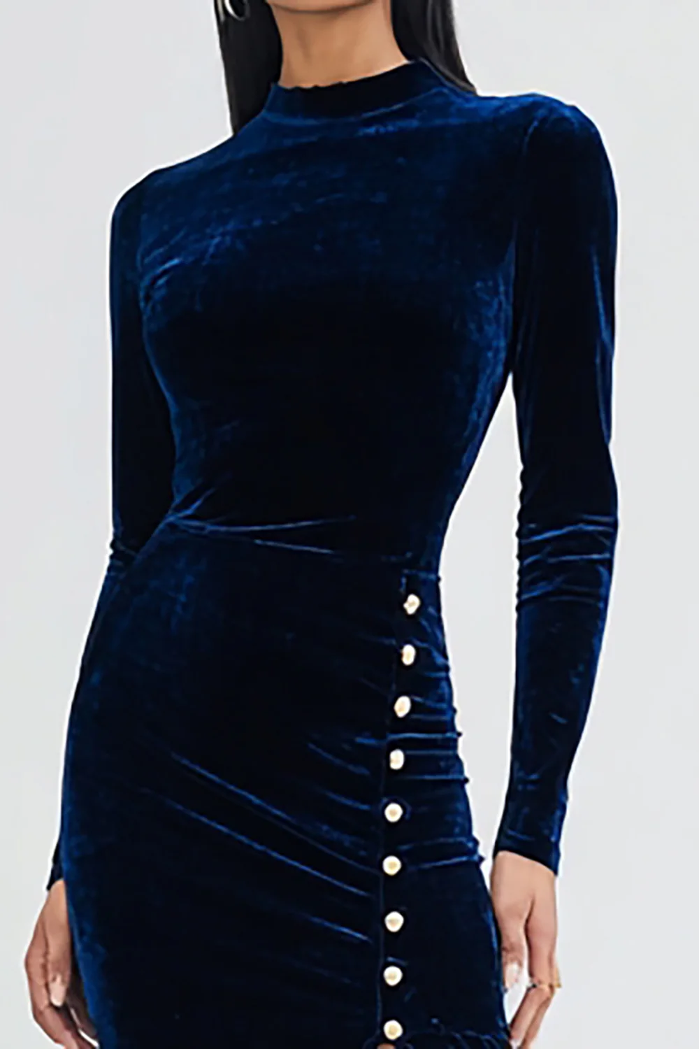 Navy Velvet Mermaid Long Sleeves Holiday Party Dress with Slit - JUORTHO