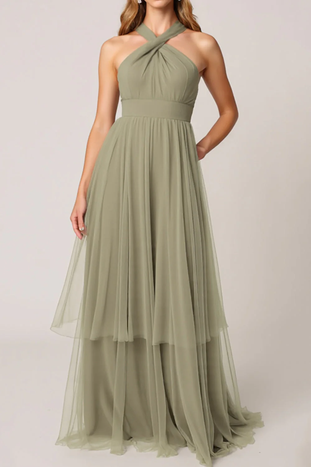 Olive Tulle Tiered Halter Long Tiered Bridesmaid Dress - JUORTHO