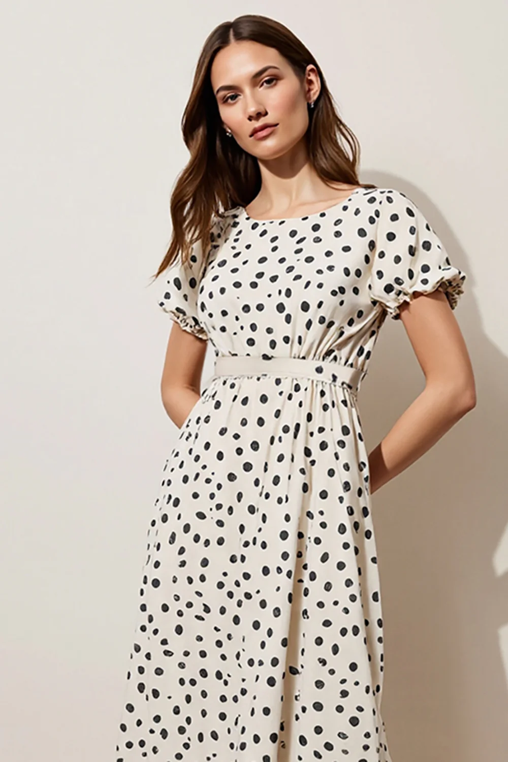 Black and White Polka Dots Short Sleeves A Line Maxi Work Dress - JUORTHO