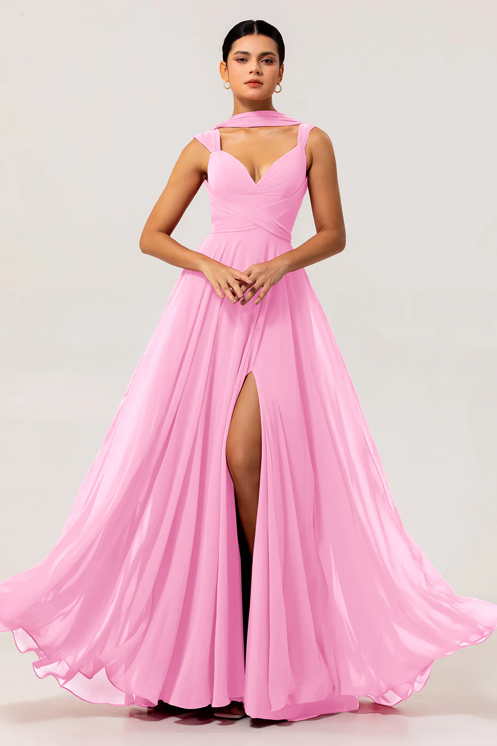 Fuchsia A Line Chiffon Long Bridesmaid Dress with Slit - JUORTHO