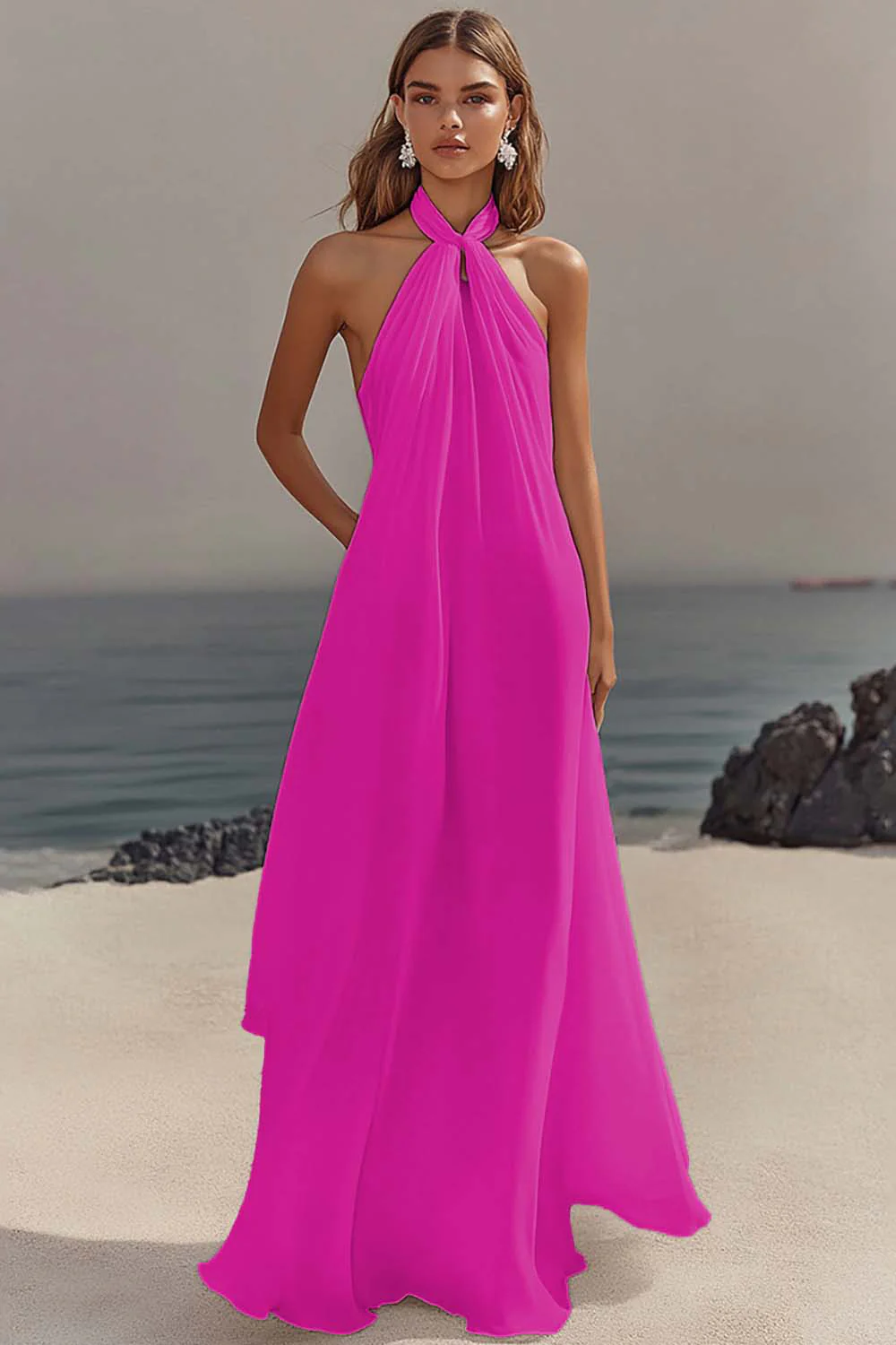 Chiffon White A Line Halter Long Rehearsal Dinner Dress - JUORTHO