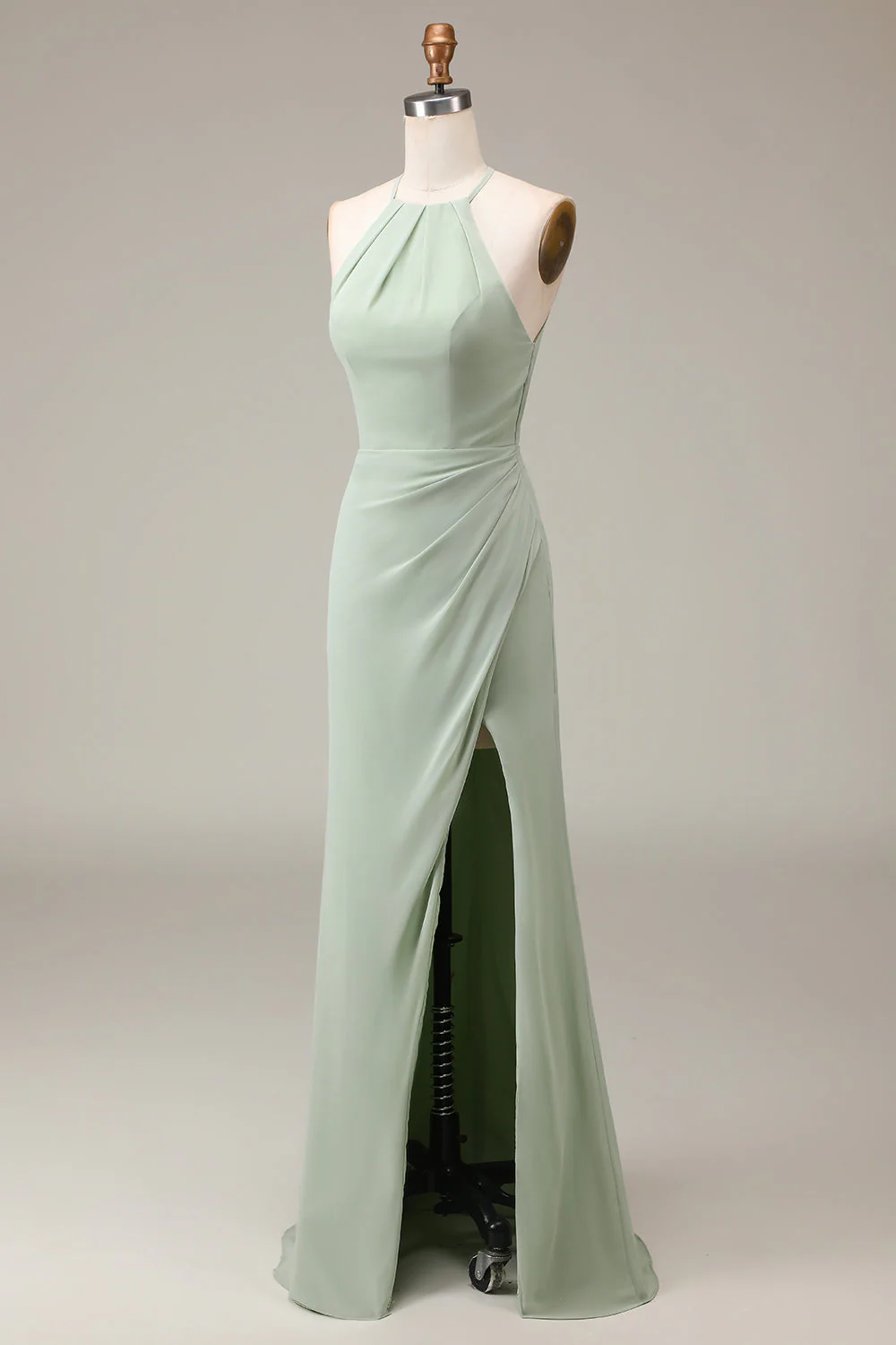 Matcha Halter Neck Sheath Pleated Bridesmaid Dress with Slit - JUORTHO