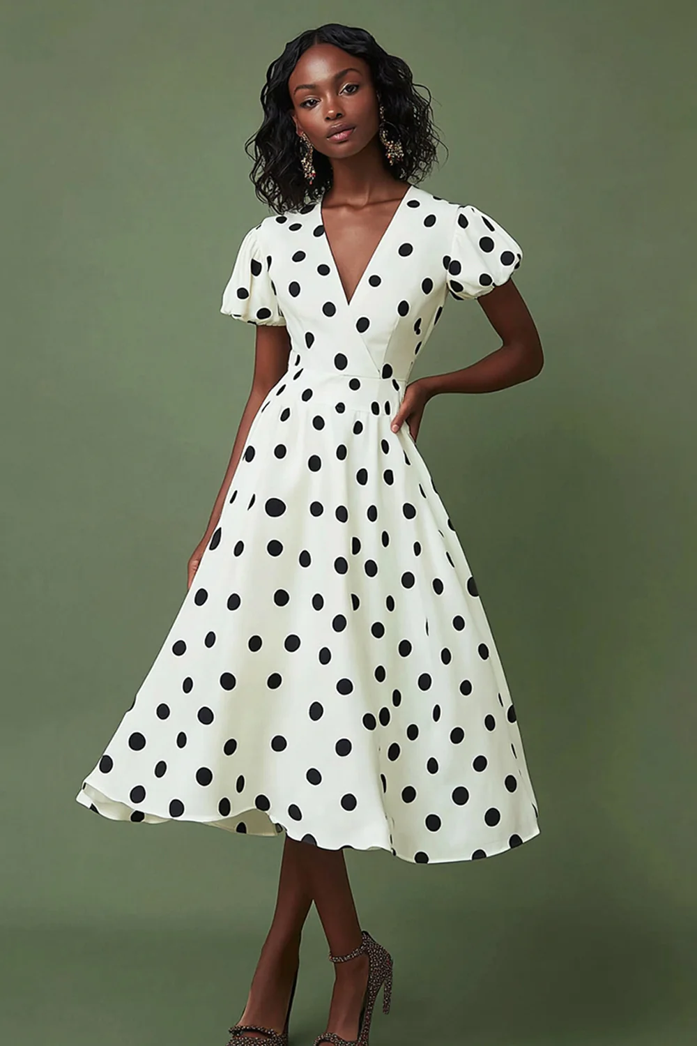 Satin V-Neck Boho Black and White Puff Sleeves Maxi Polka Dot Dress - JUORTHO