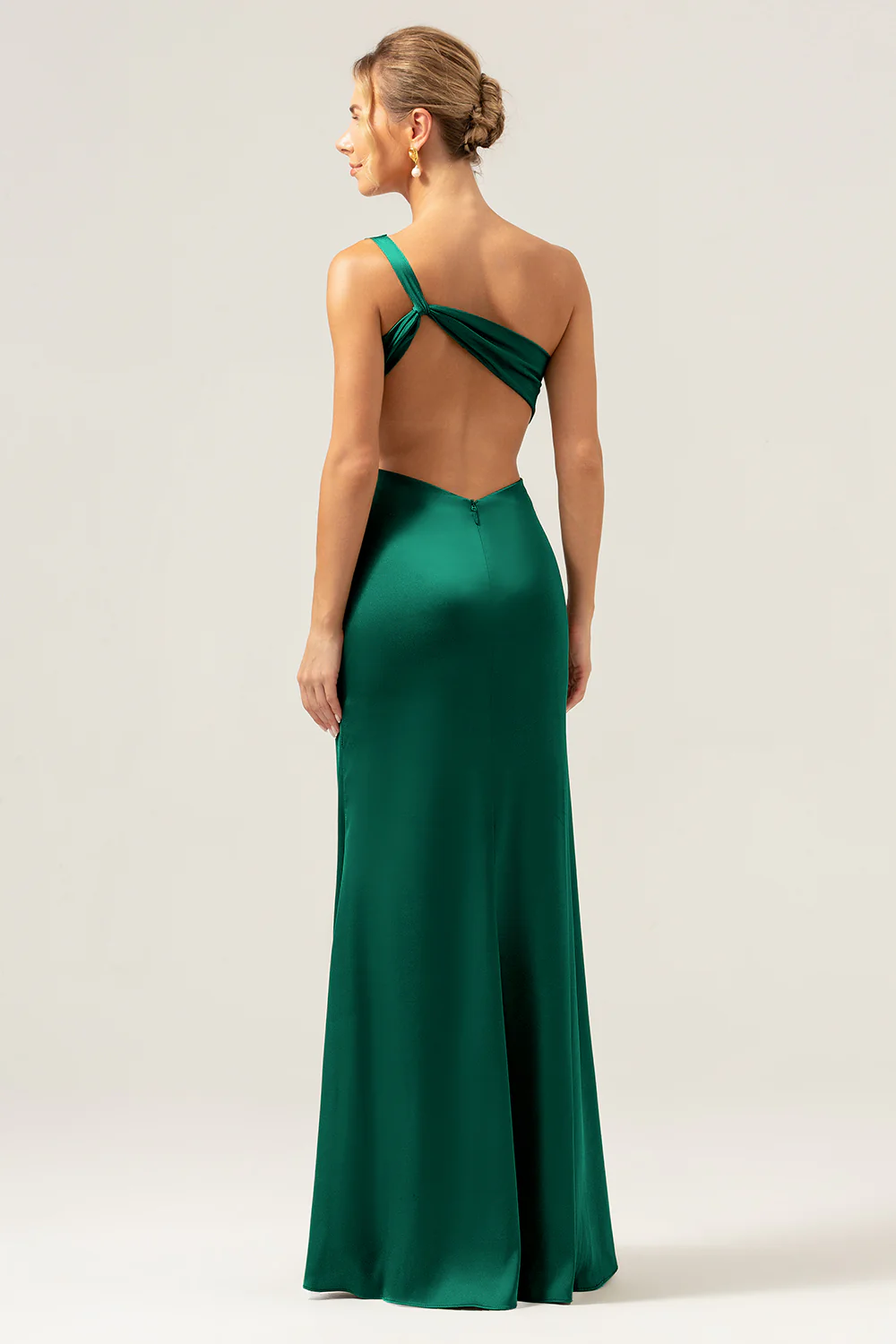 Olive One Shoulder Mermaid Satin Long Bridesmaid Dress with Slit - JUORTHO