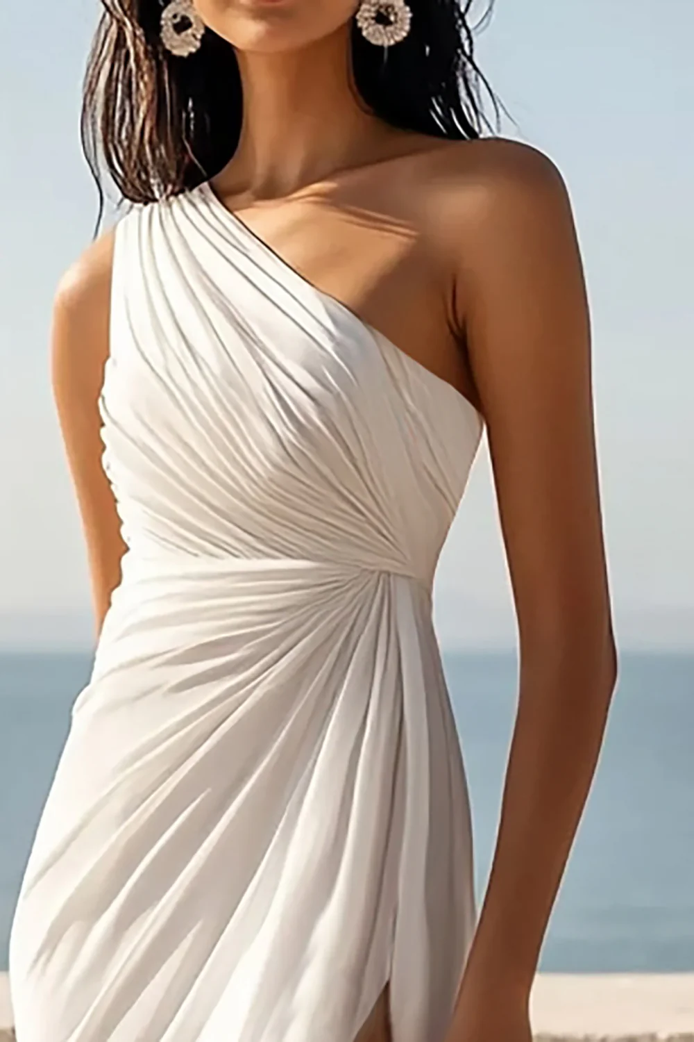 Chiffon Ruched One Shoulder Ivory Maxi Rehearsal Dinner Dress with Slit - JUORTHO