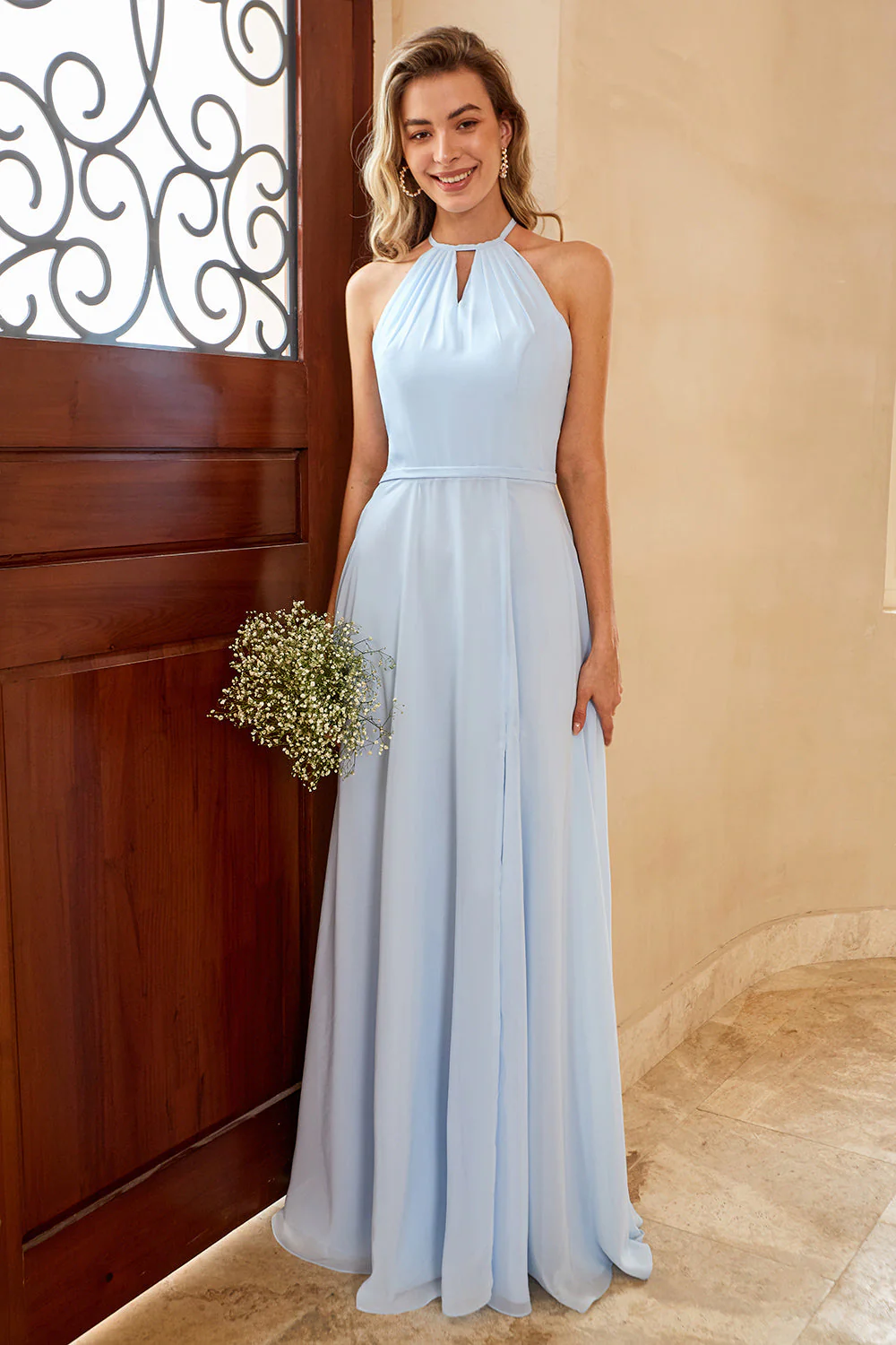 Sky Blue Long Chiffon Bridesmaid Dress with Slit - JUORTHO