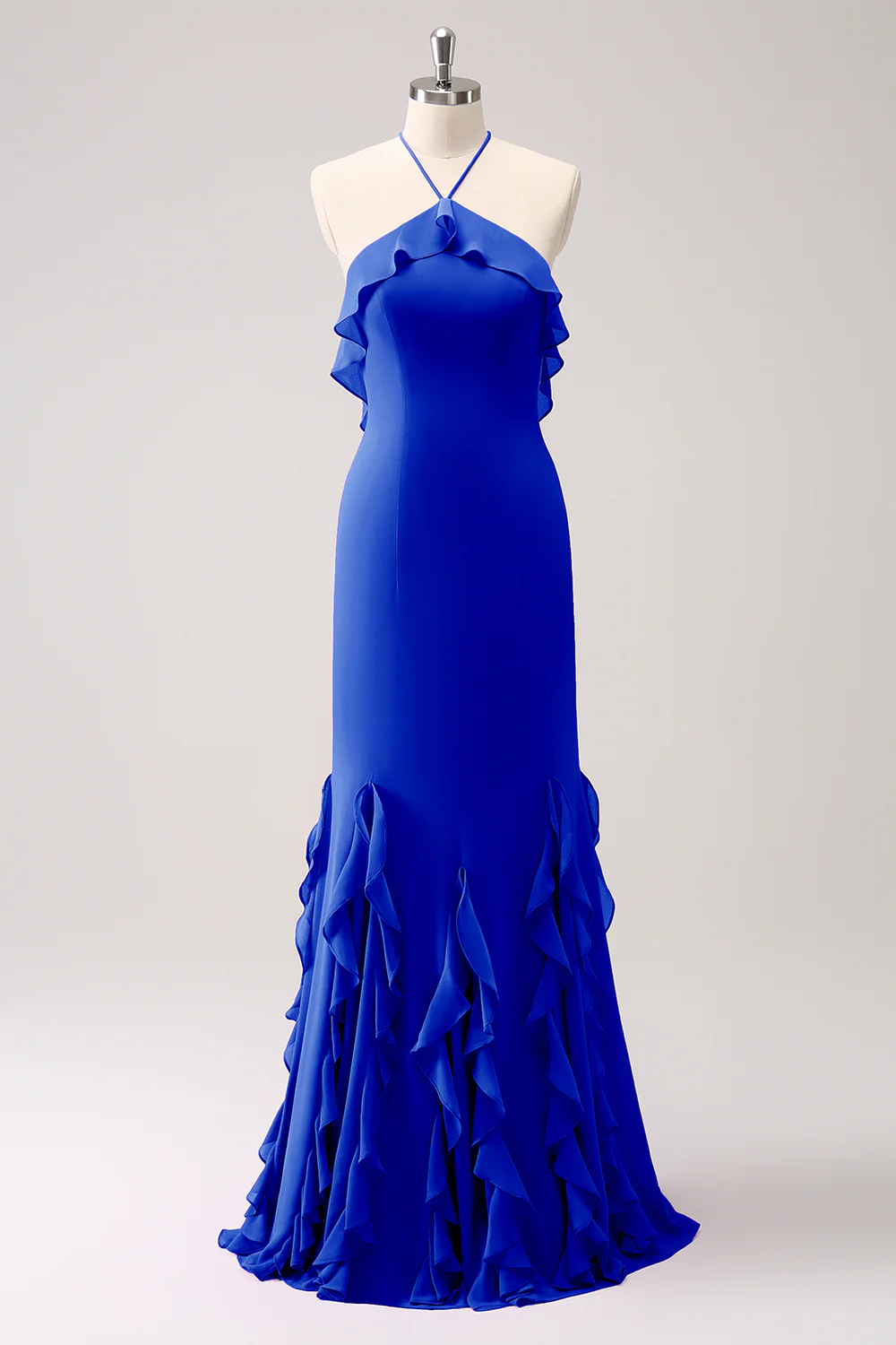 Tahiti Mermaid Halter Chiffon Long Bridesmaid Dress with Ruffles - JUORTHO