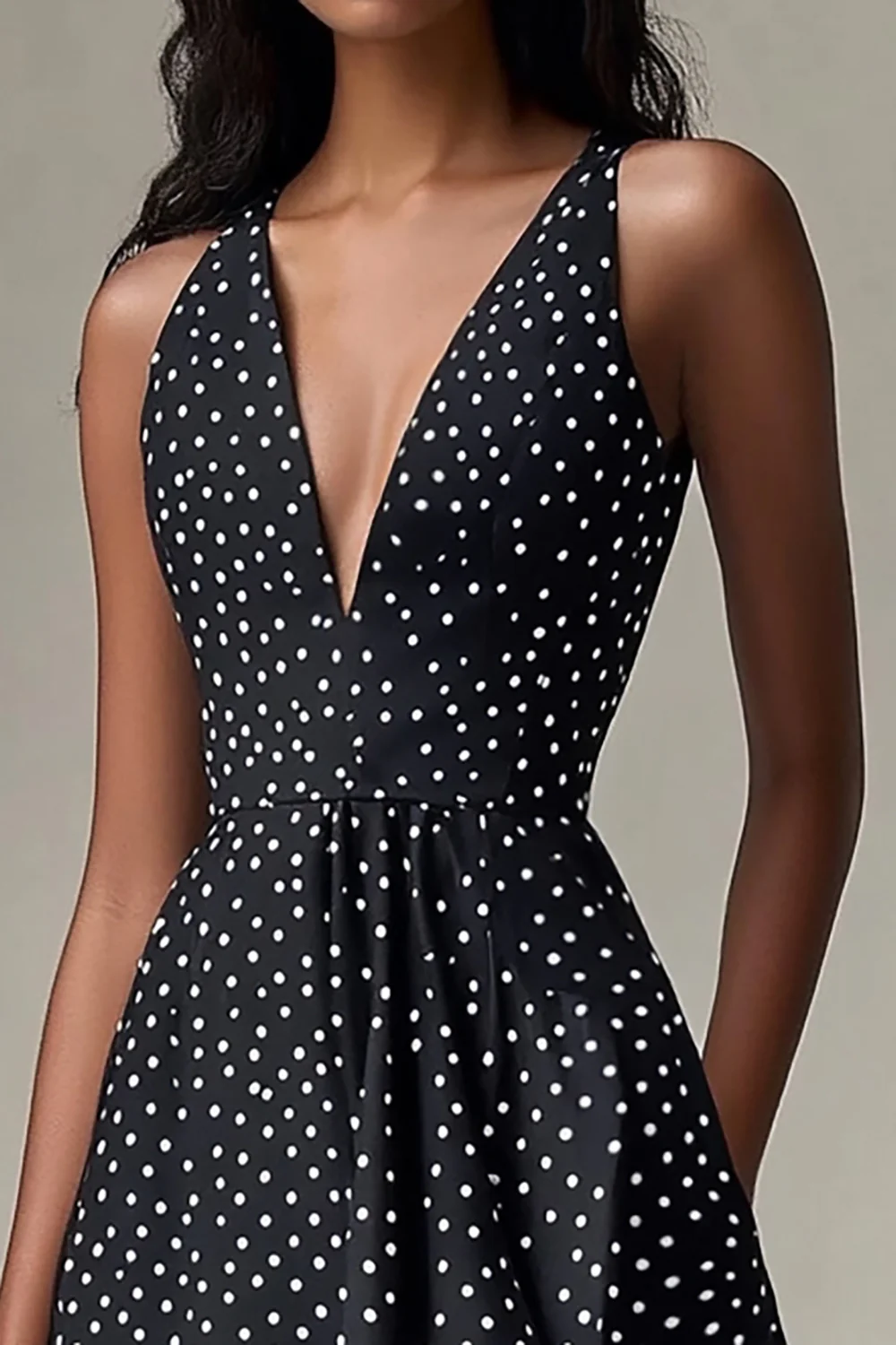 Deep V-Neck Chiffon A Line Black and White Short Polka Dot Dress - JUORTHO