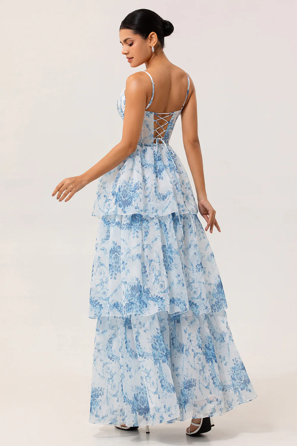White and Blue Ruffled Corset Long Floral Wedding Guest Dress with Slit - JUORTHO