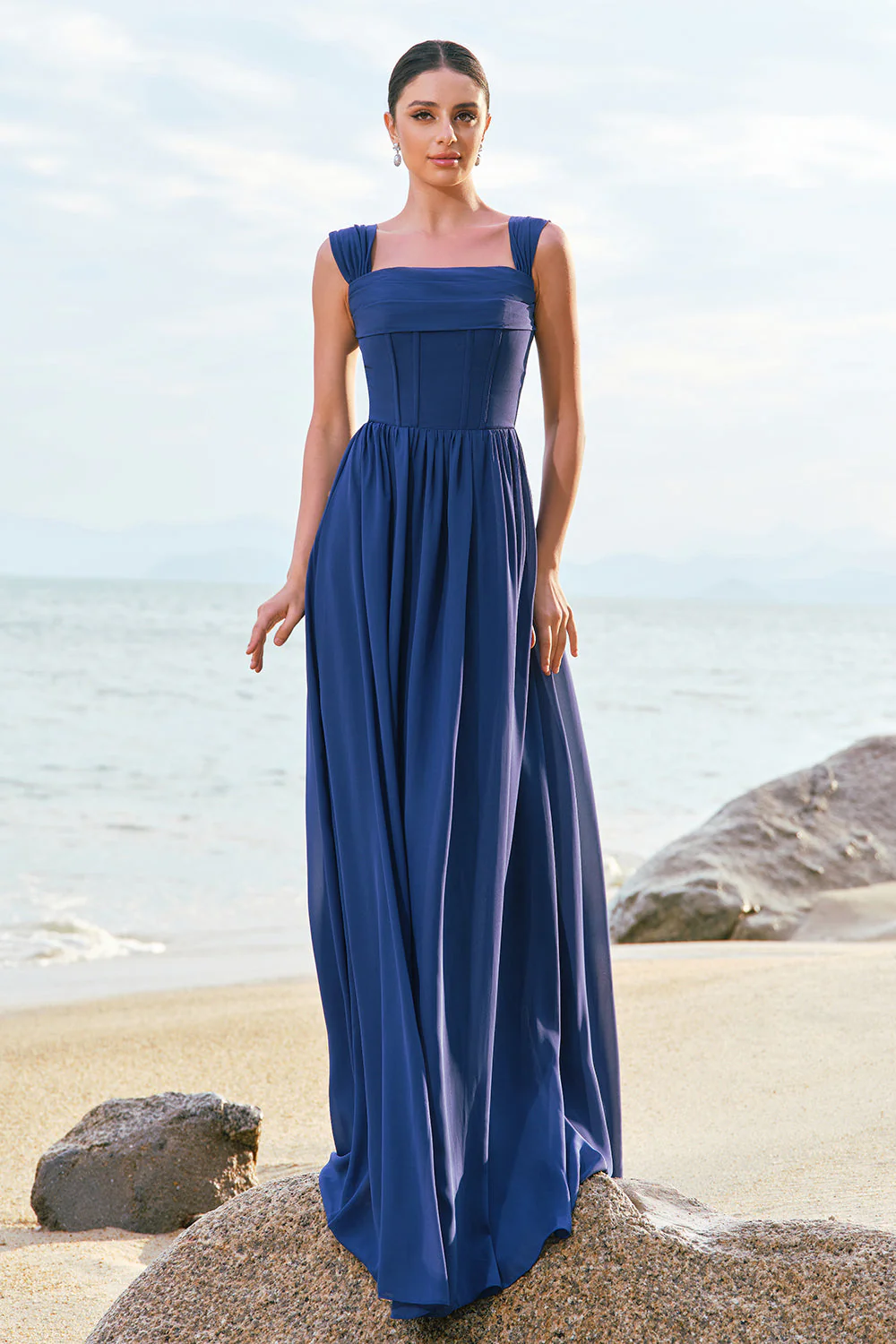 Dark Blue A-Line Square Neck Corset Long Bridesmaid Dress with Lace Up Back - JUORTHO