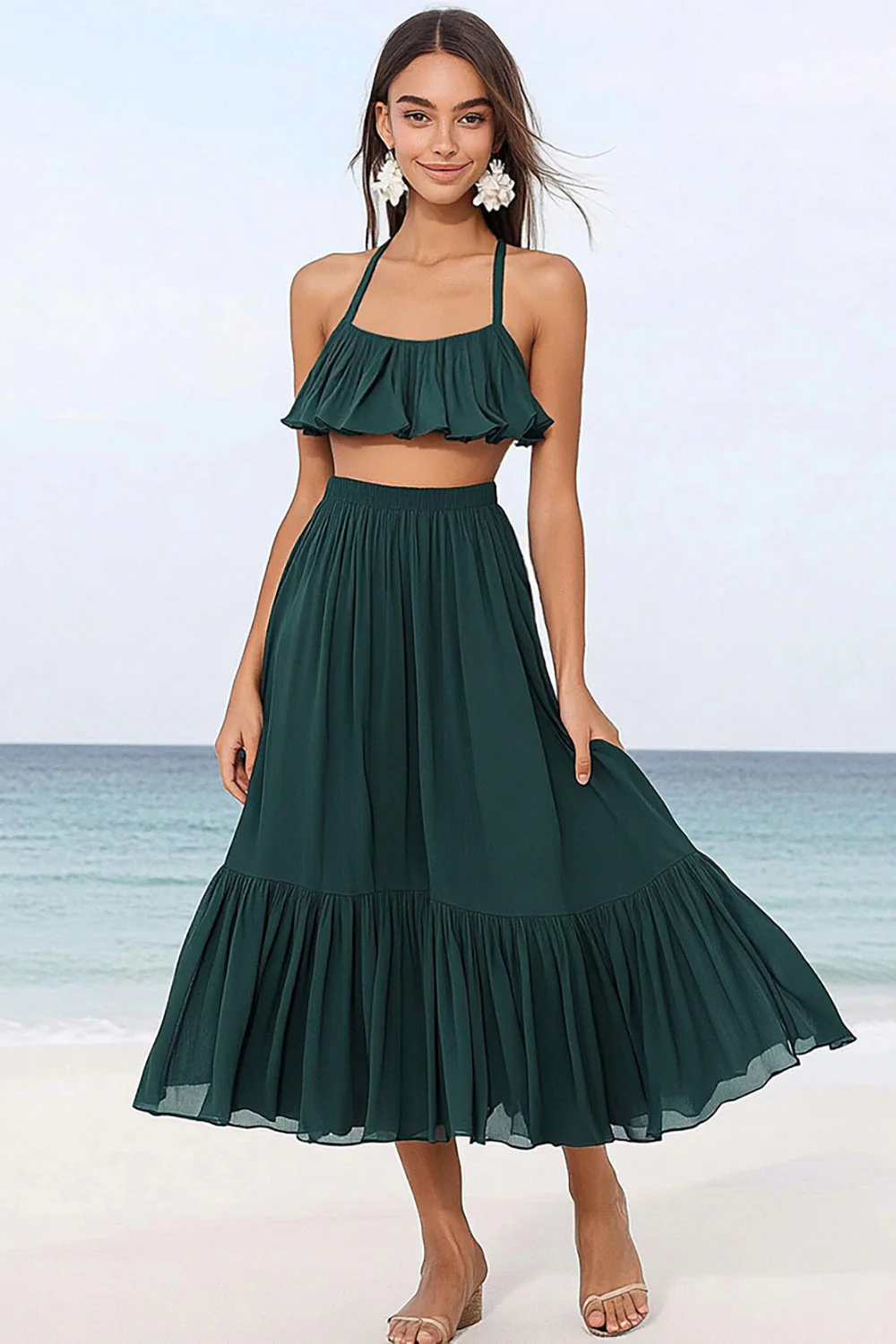 Dark Green A Line Chiffon Two Piece Boho Dress with Ruffles - JUORTHO