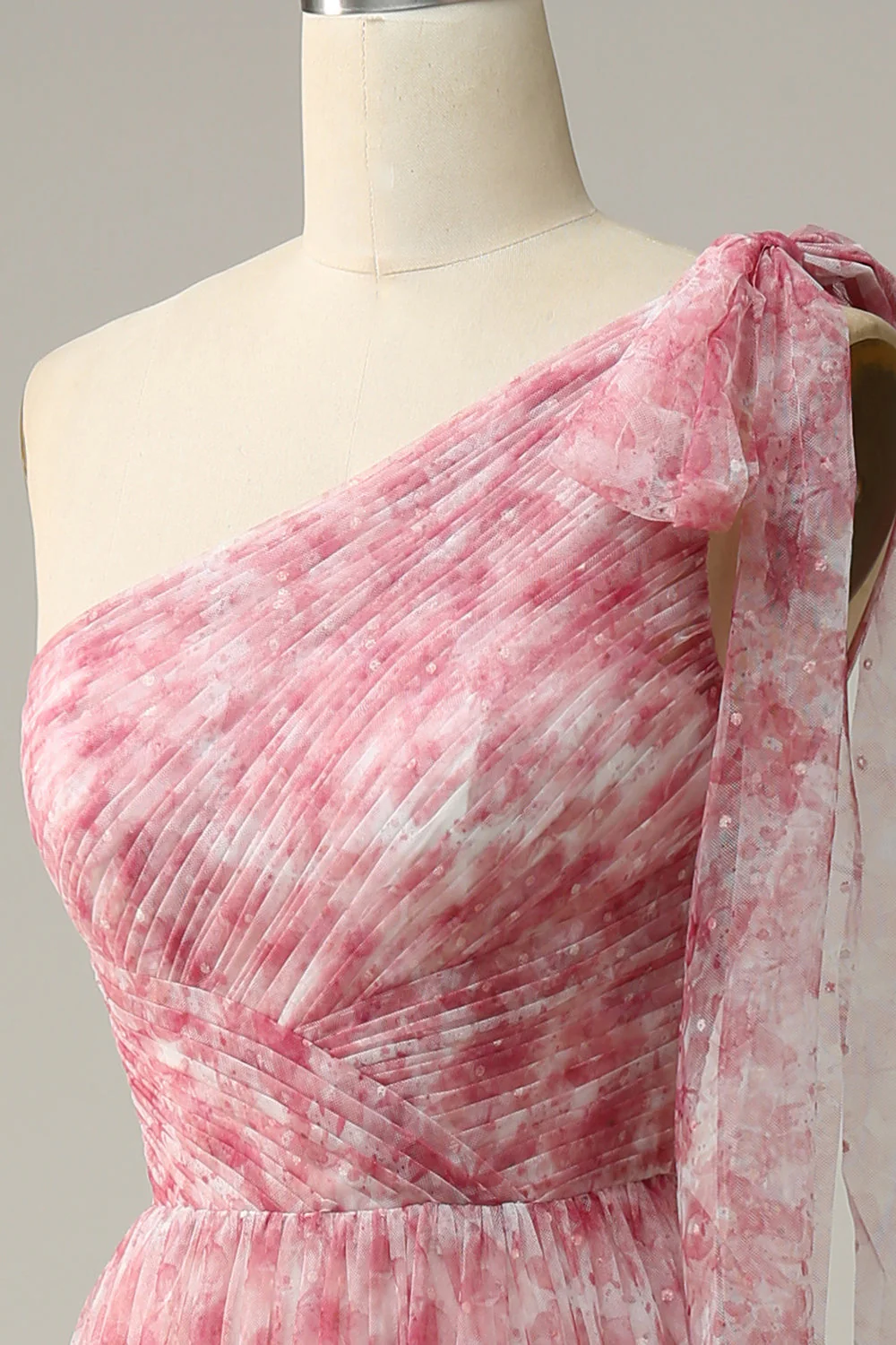 Red A Line One Shoulder Print Long Tulle Bridesmaid Dress - JUORTHO