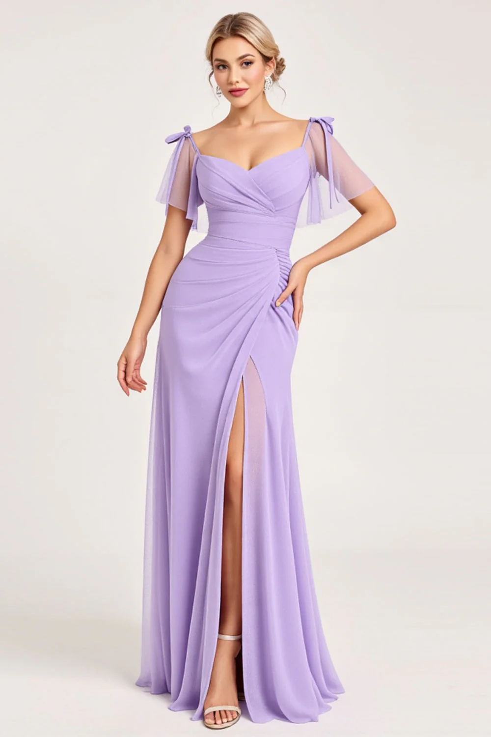 Lilac Maxi Sheath Spaghetti Straps Bridesmaid Dress with Slit - JUORTHO