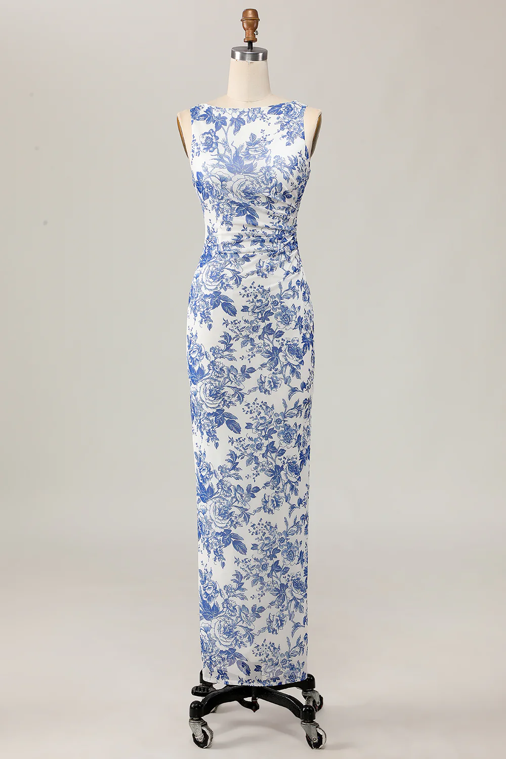 White and Blue Floral Sheath Long Wedding Guest Dress - JUORTHO