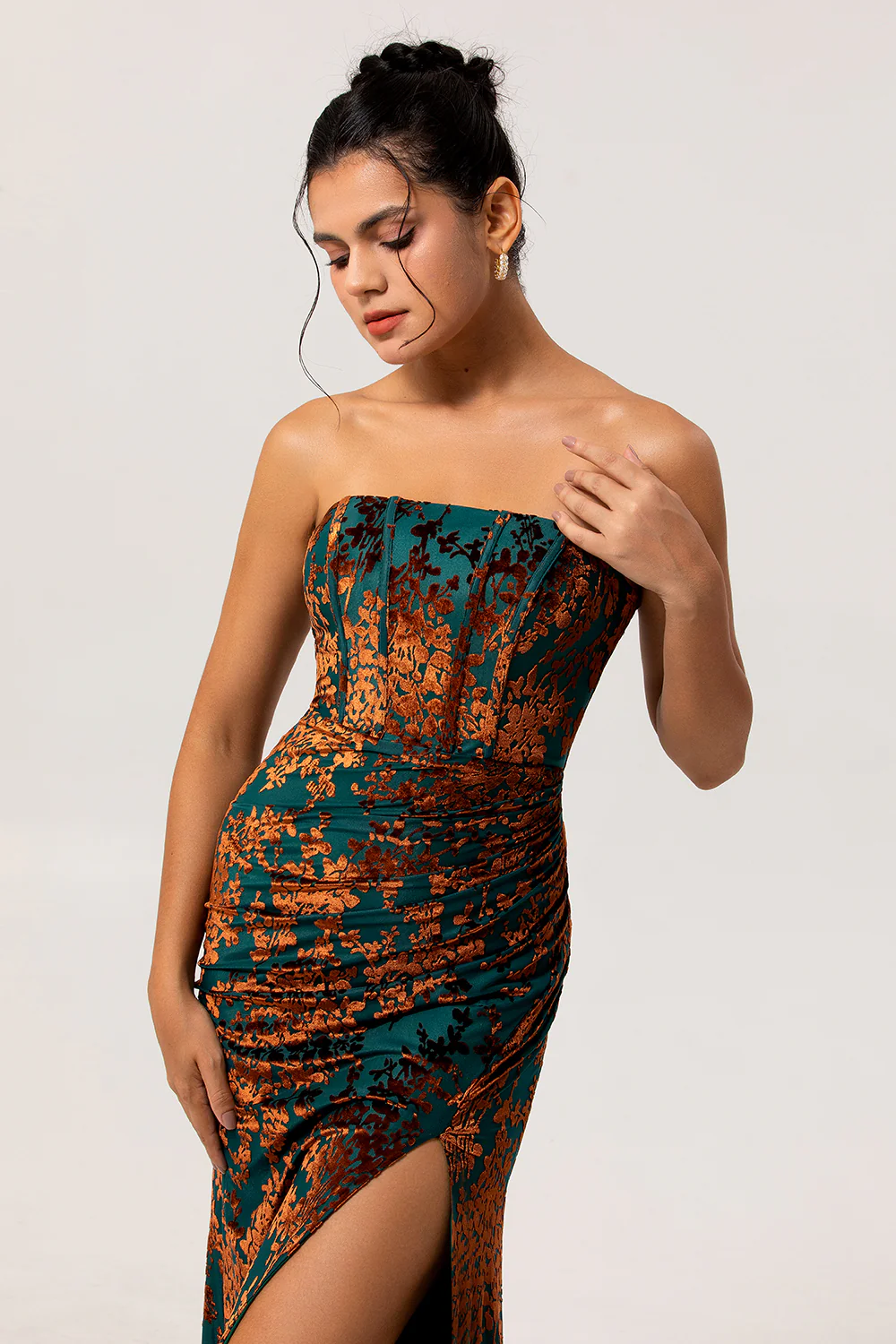 Peacock Green Strapless Corset Long Velvet Bridesmaid Dress with Slit - JUORTHO