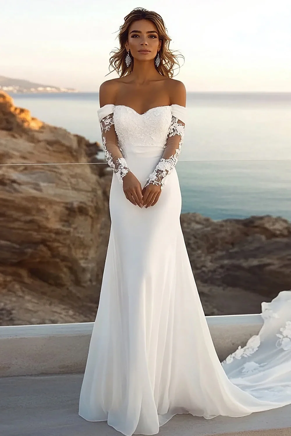 Ivory Chiffon Sweep Train Mermaid Wedding Dress with Lace Sleeves - JUORTHO