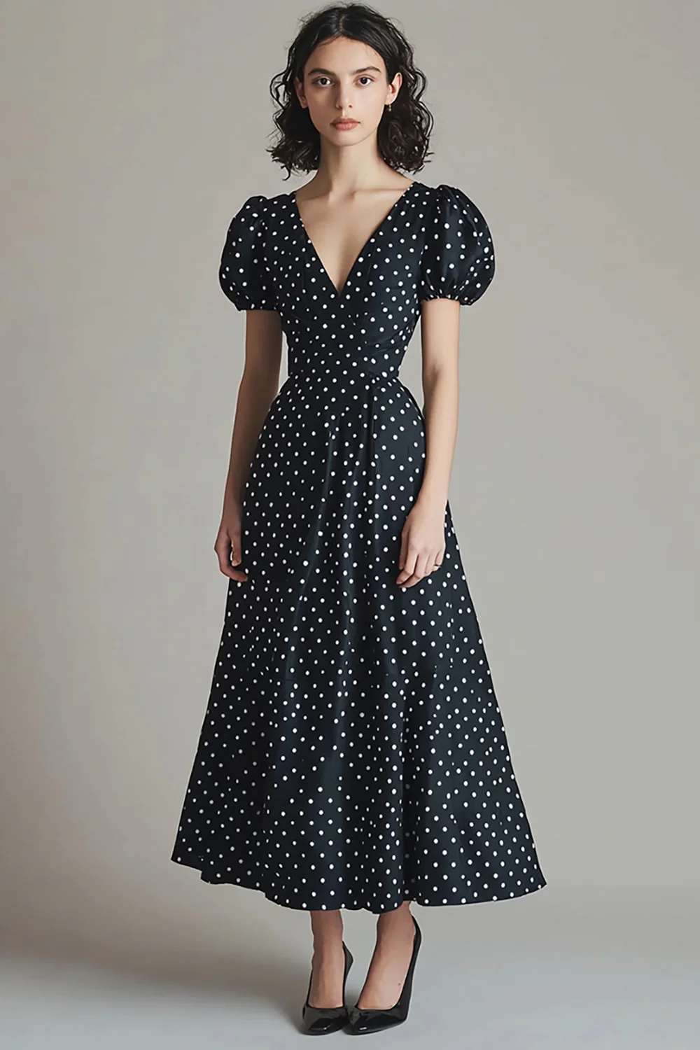 Puff Sleeves V-Neck Black and White Satin Boho Maxi Polka Dot Dress - JUORTHO