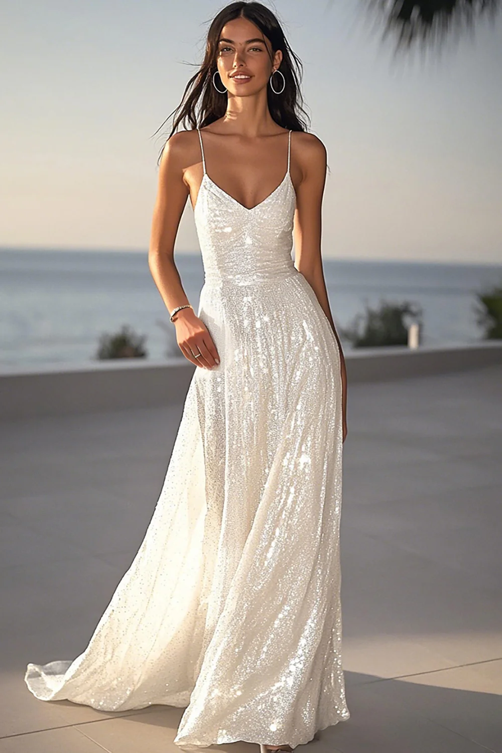 Sparkly Ivory Sequin Spaghetti Straps Maxi Wedding Reception Dress - JUORTHO