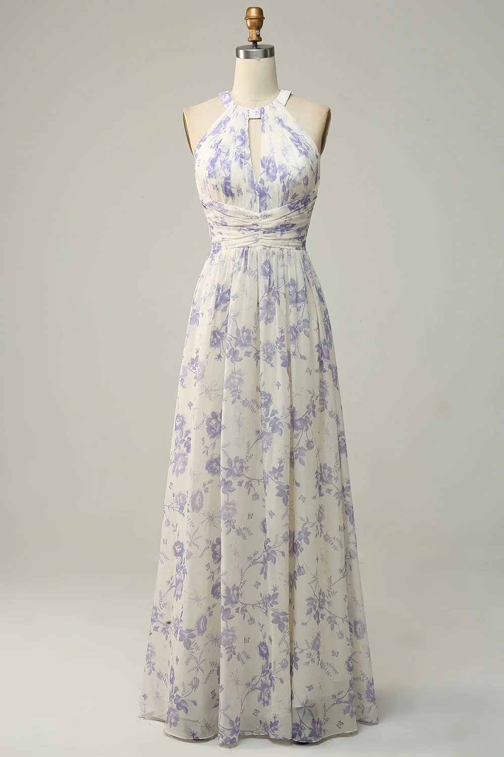 Blue Floral Boho Long Chiffon Bridesmaid Dress - JUORTHO
