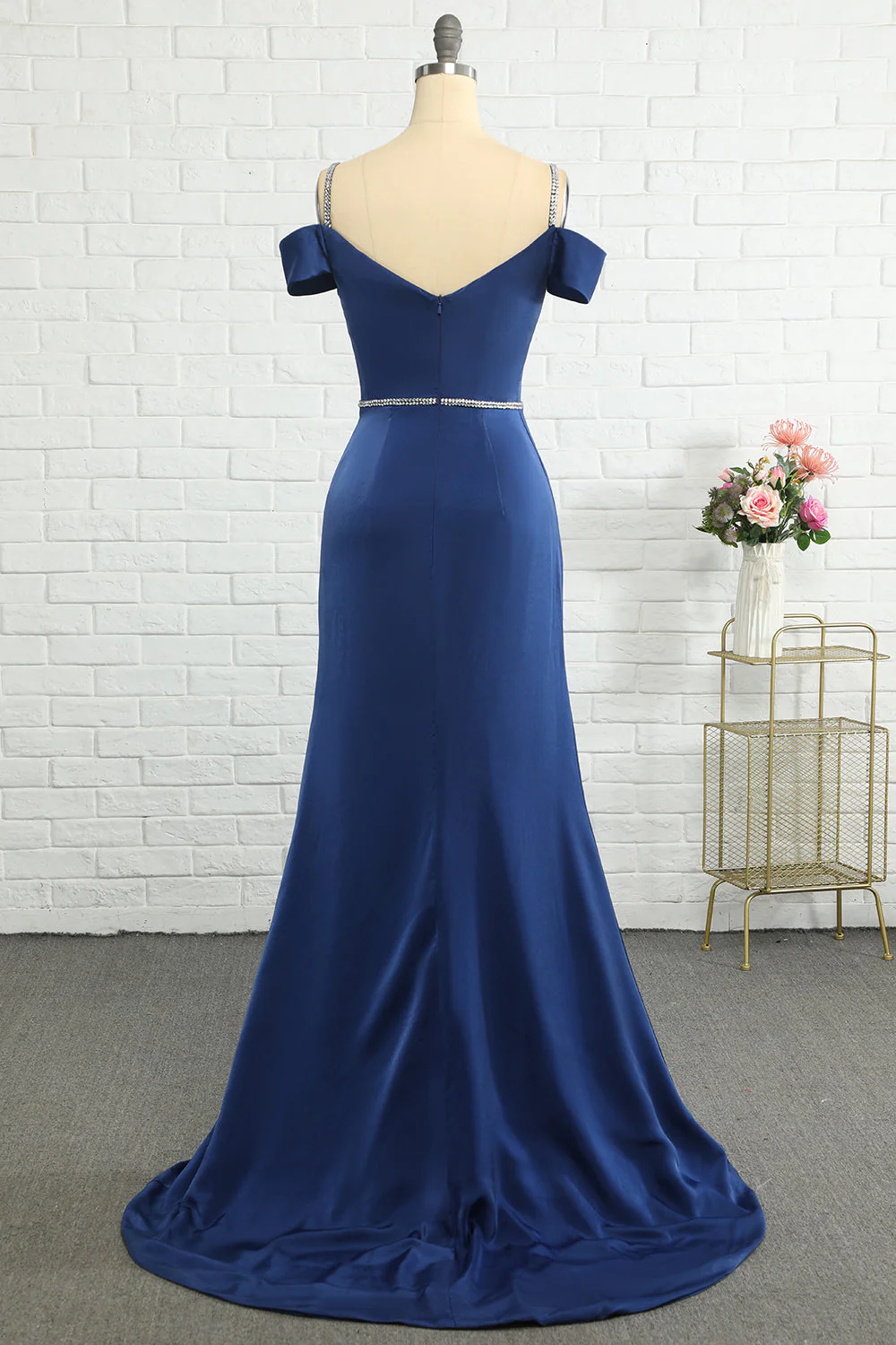 Mermaid Off the Shoulder Navy Bridesmaid Dress with Beading - JUORTHO