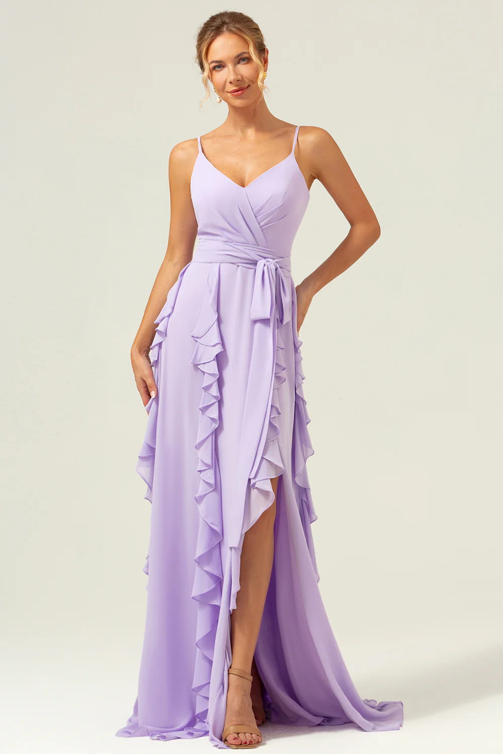 Lilac A-Line Spaghetti Straps Long Bridesmaid Dress With Slit - JUORTHO
