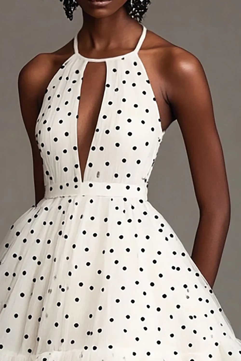 White and Black A Line Tulle Tiered Midi Polka Dot Dress with Ruffles - JUORTHO