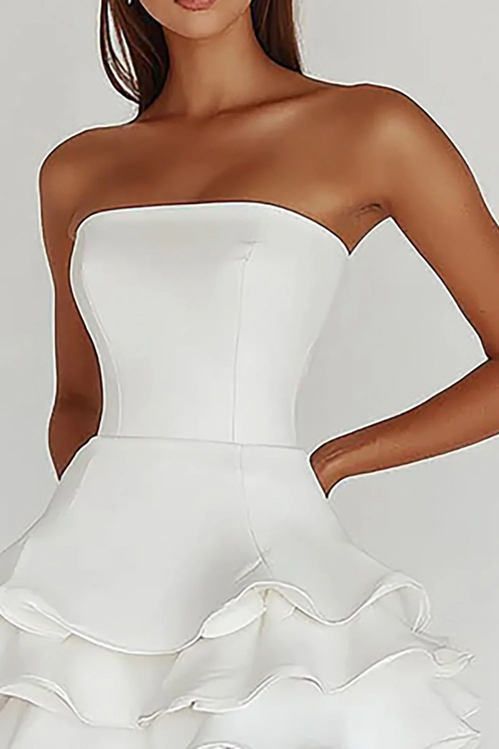 Satin White A Line Strapless Graduation Homecoming Dress with Ruffles - JUORTHO