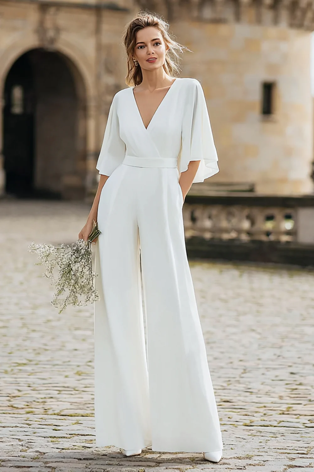 Ivory V-Neck Half Sleeves Long Wedding Jumpsuits with Pockets - JUORTHO
