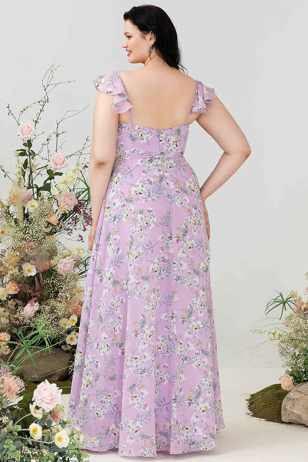 Purple Floral Print Plus Size Bridesmaid Dress - JUORTHO