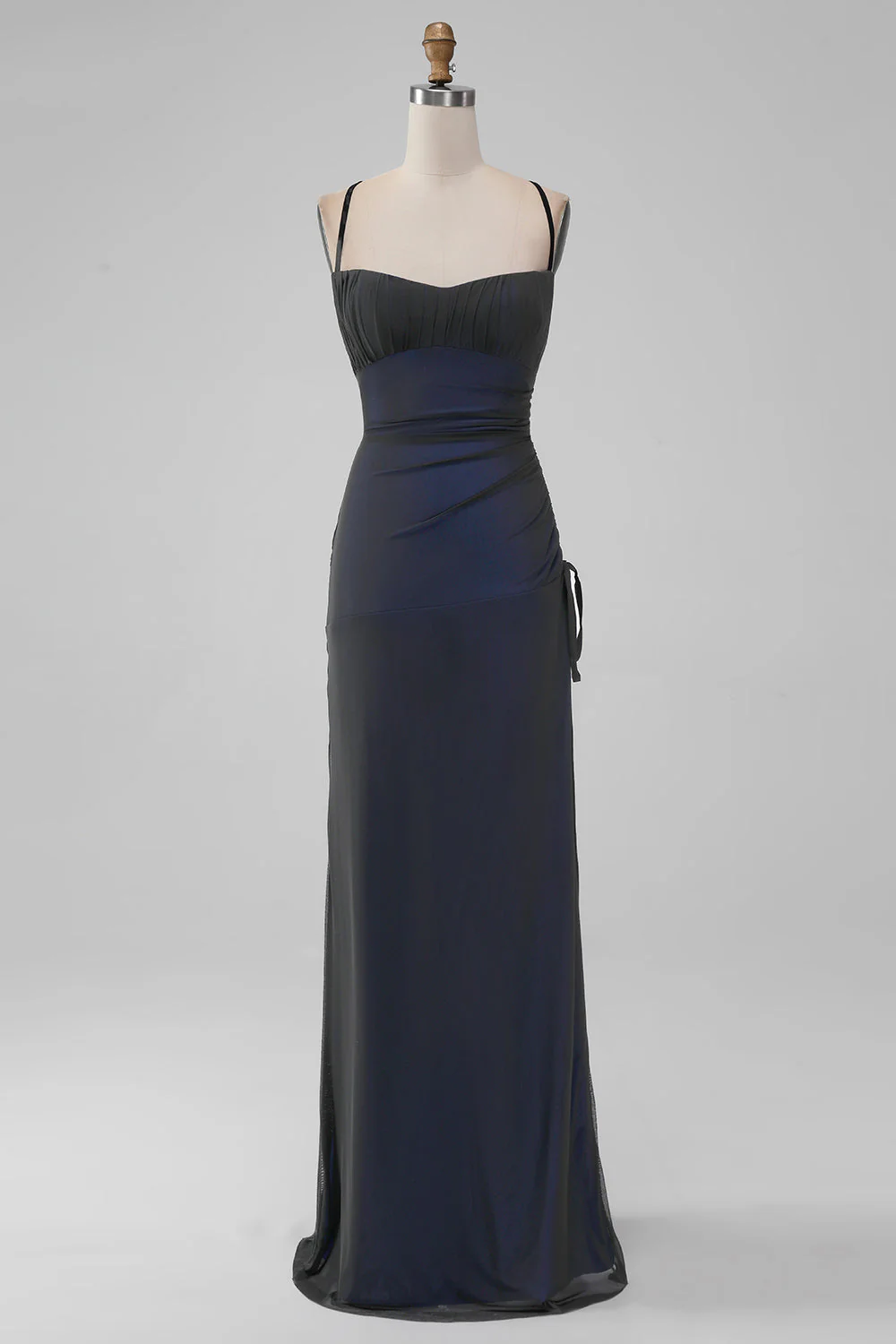 Black Red Spaghetti Straps Mermaid Pleated Long Bridesmaid Dress with Slit - JUORTHO