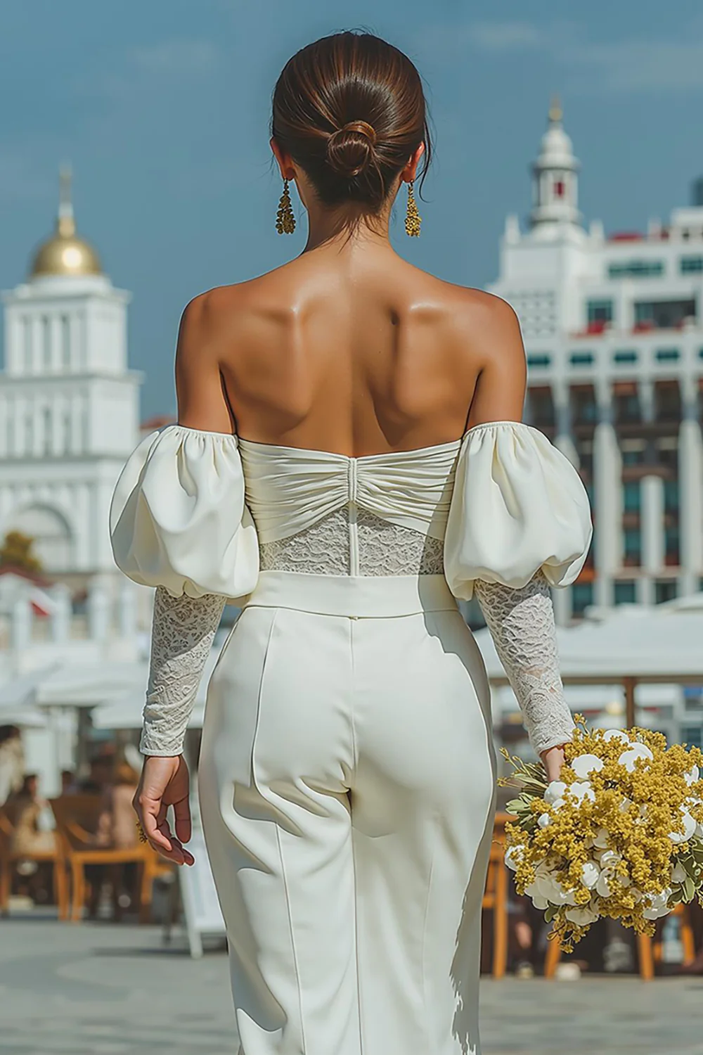 White Sweetheart Puff Sleeves Bridal Jumpsuits with Lace - JUORTHO