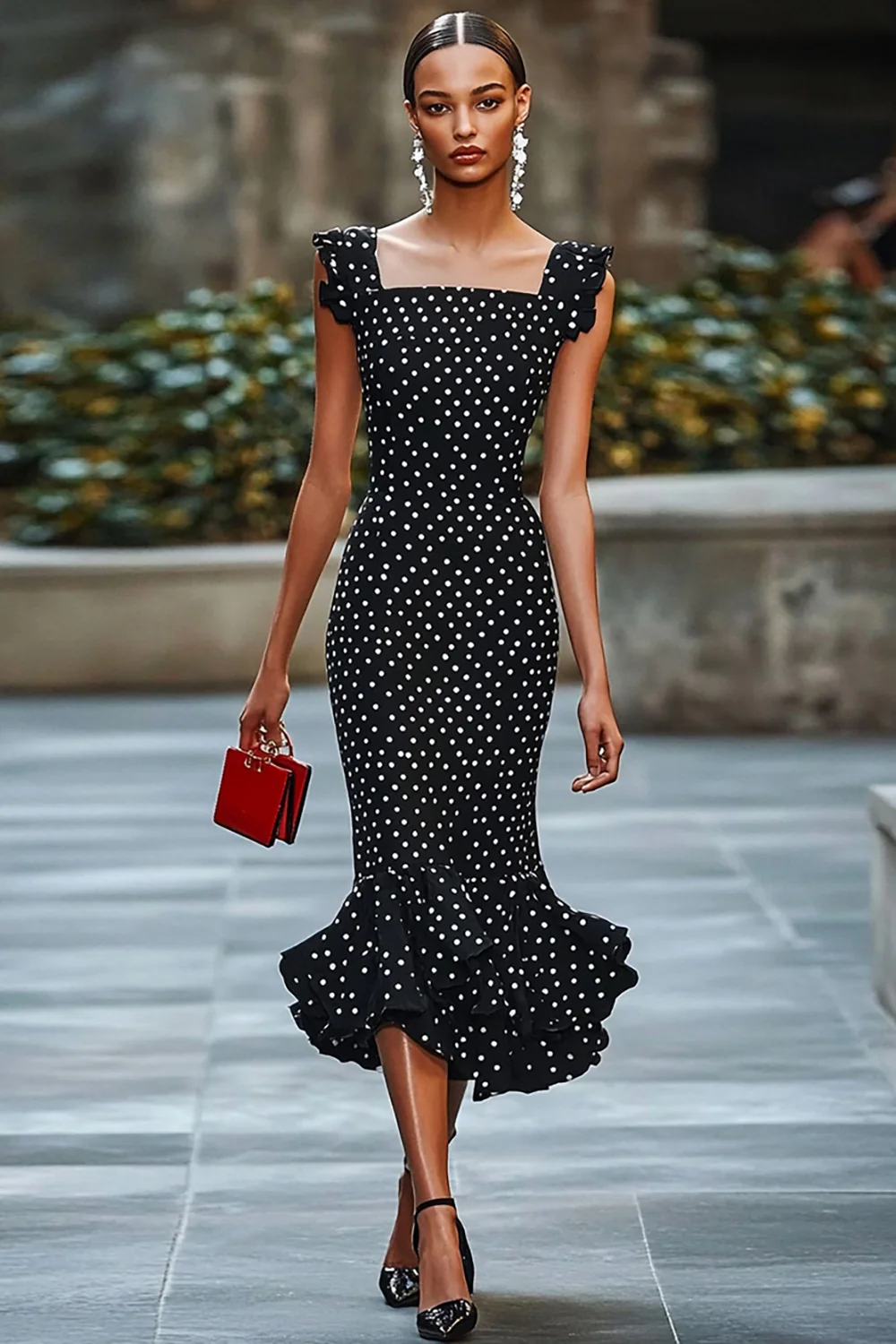 Chiffon Mermaid Boho Black and White Maxi Polka Dot Dress with Ruffles - JUORTHO