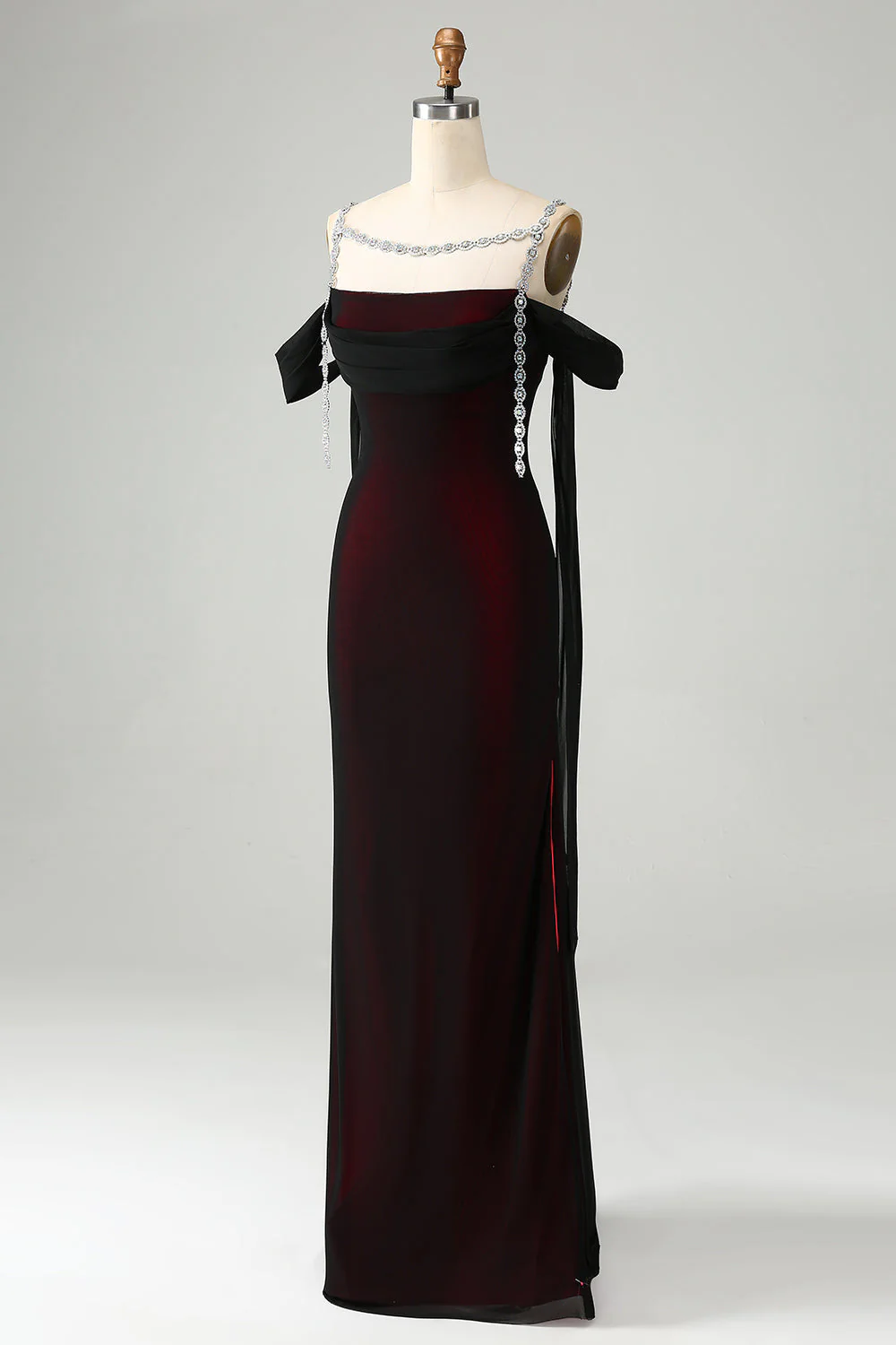 Sparkly Black Red Mermaid Cold Shoulder Long Bridesmaid Dress - JUORTHO