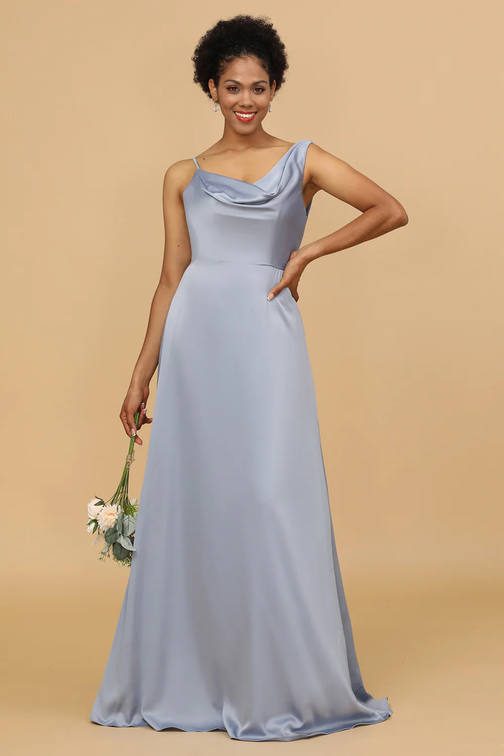 Grey Blue Cowl Neck Floor-Length Satin Bridesmaid Dress - JUORTHO