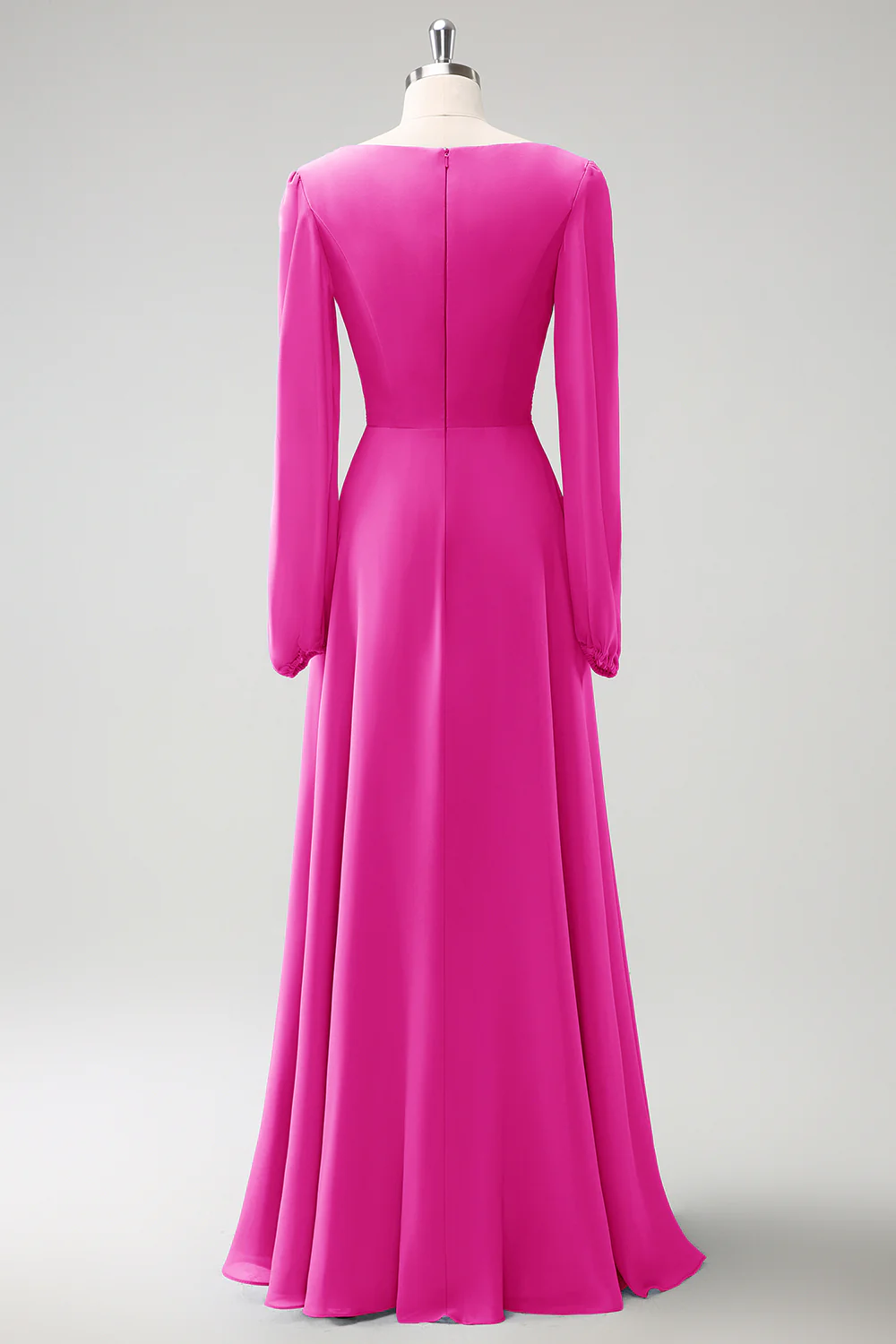 A Line Grey Blue V-Nack Chiffon Bridesmaid Dress with Long Sleeves - JUORTHO