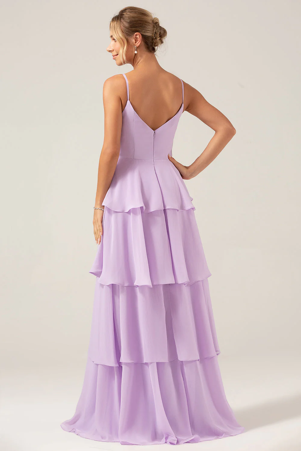 Lilac A Line Spaghetti Straps Tiered Chiffon Bridesmaid Dress with Slit - JUORTHO