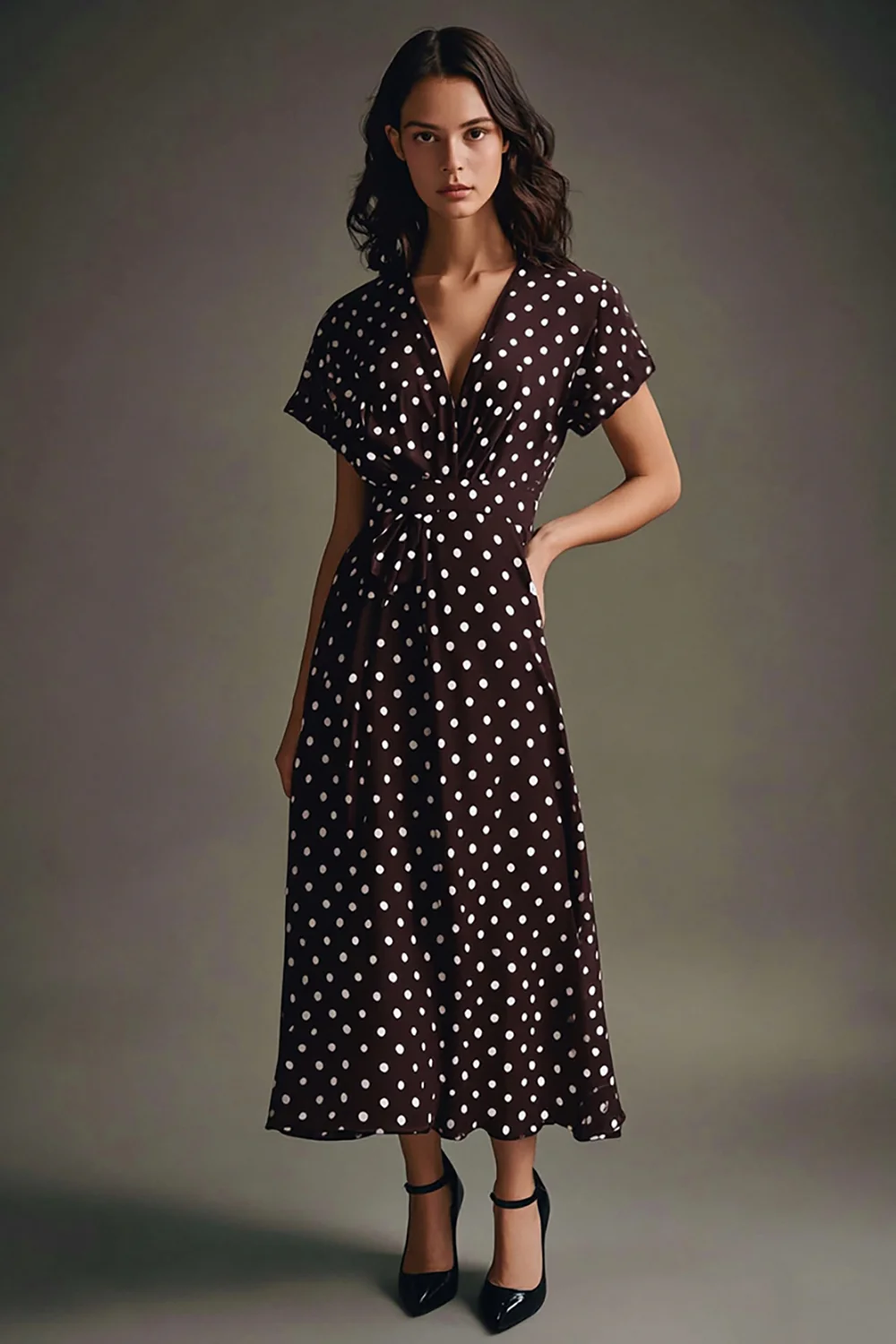 Boho Coffee and White V-Neck Maxi Chiffon Boho Polka Dot Dress with Sleeves - JUORTHO