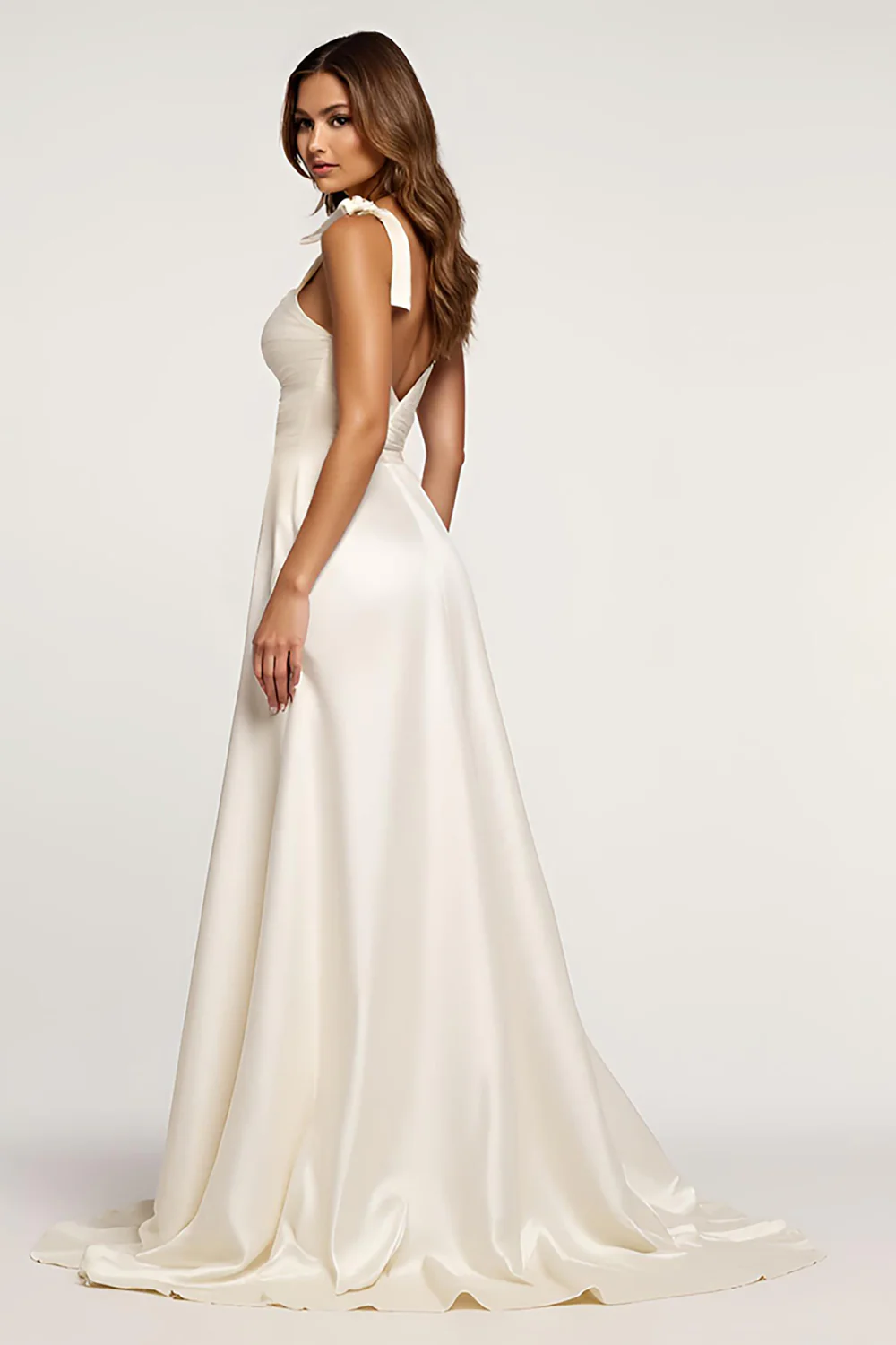 Spaghetti Straps Ivory A Line Long Graduation Dress with Slit - JUORTHO