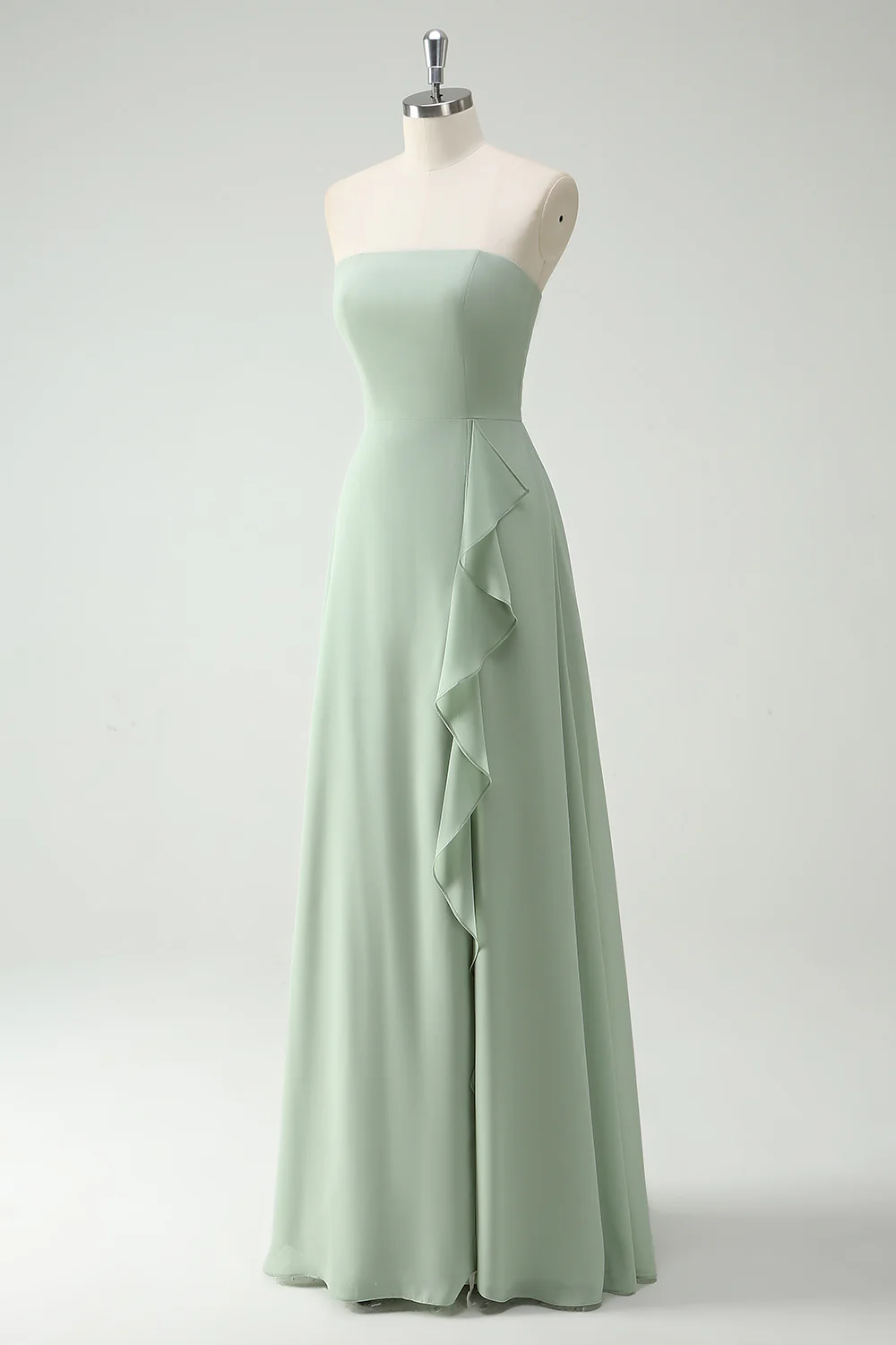 Dusty Sage Strapless A-Line Long Bridesmaid Dress With Slit - JUORTHO
