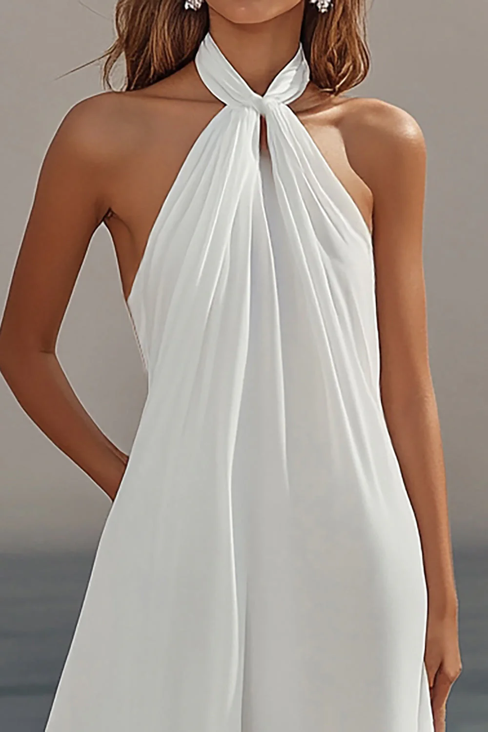 Chiffon White A Line Halter Long Rehearsal Dinner Dress - JUORTHO
