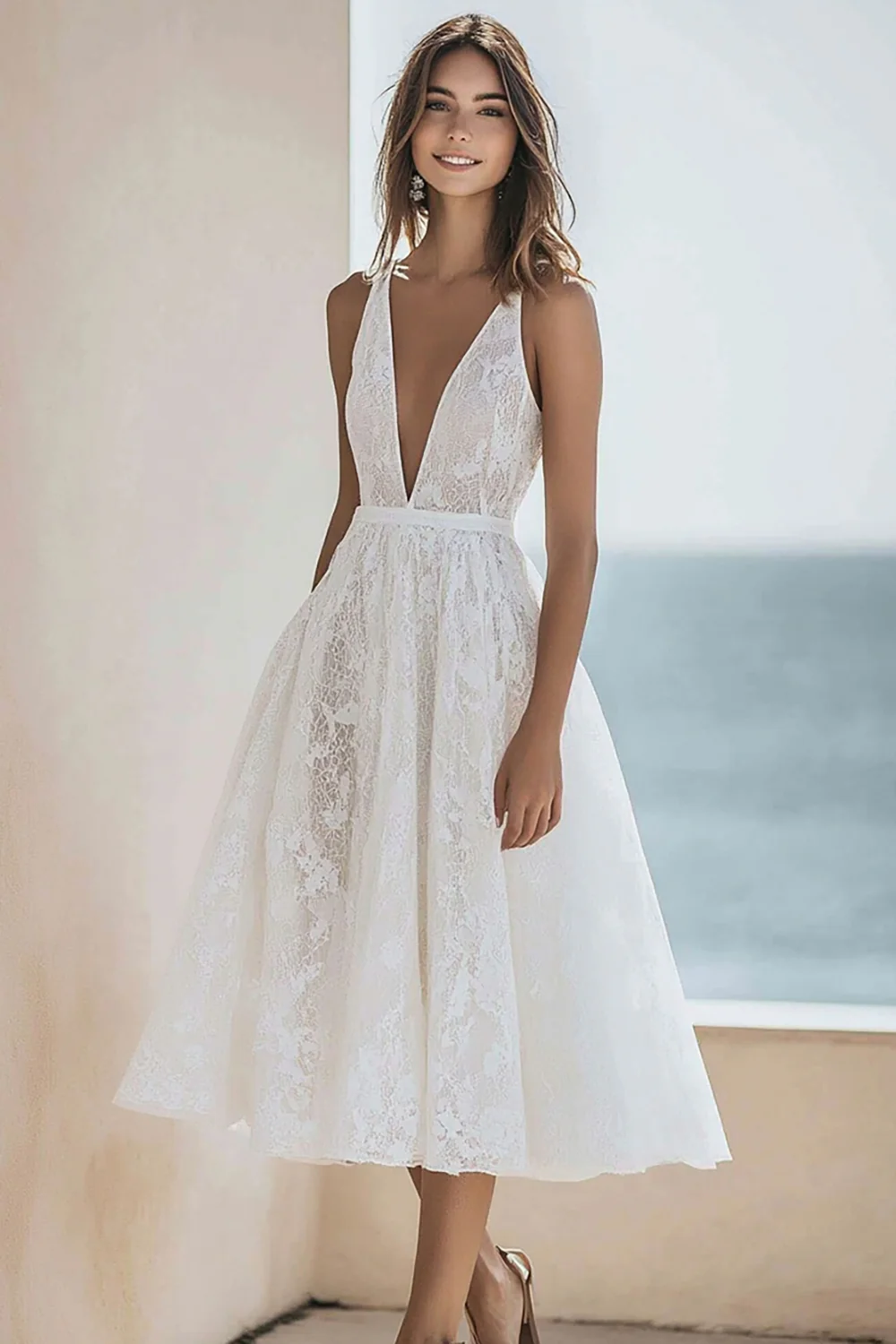 Lace A Line Maxi Deep V-Neck Ivory Engagement Dress - JUORTHO