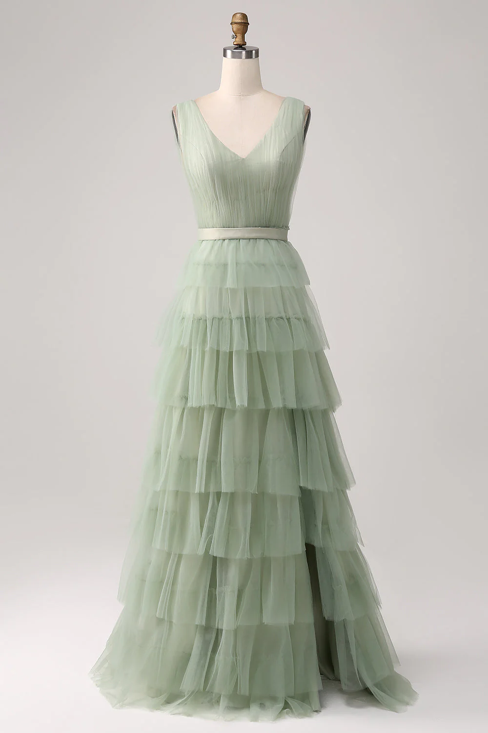 Pleated Tiered Green Prom Dress with Slit - JUORTHO