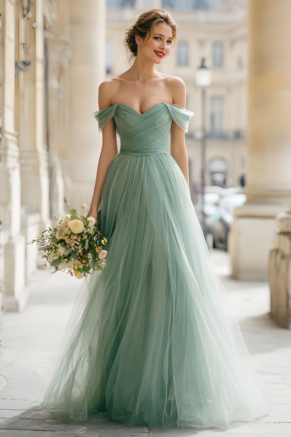 Eucalyptus Green Off the Shoulder Tulle A-Line Long Bridesmaid Dress - JUORTHO