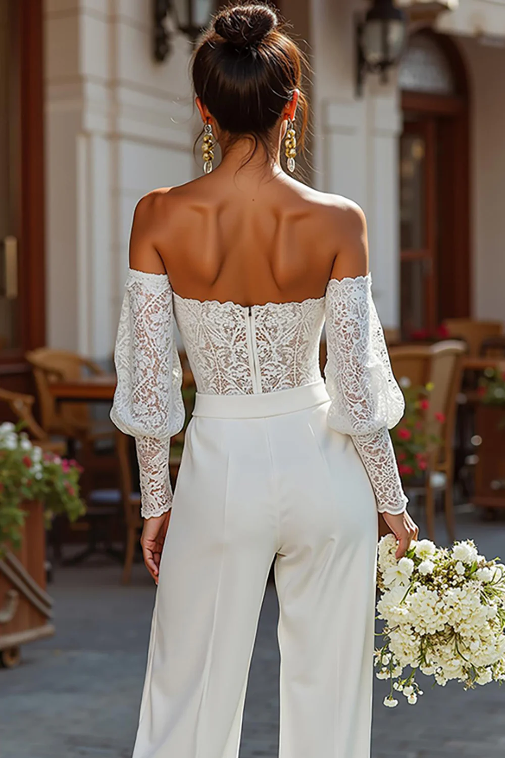 White Strapless Lace Bridal Jumpsuits with Sleeves - JUORTHO