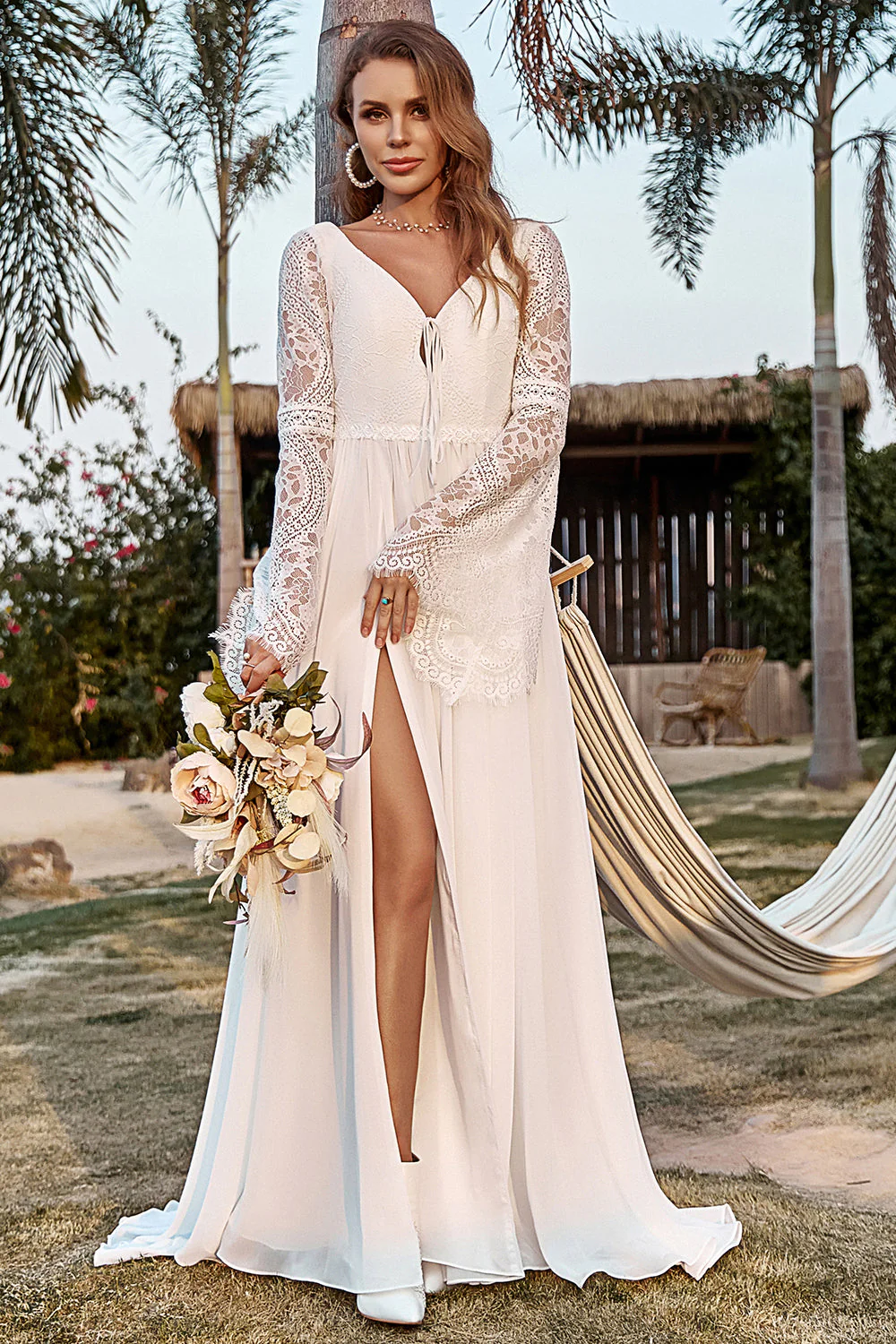 Ivory Lace Chiffon Trumpet Sleeve Boho Wedding Dress - JUORTHO