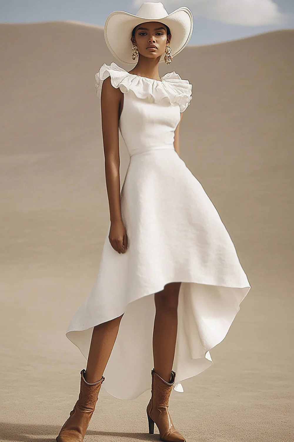 Ivory High-Low A Line Boho Western Wedding Dress with Ruffles - JUORTHO