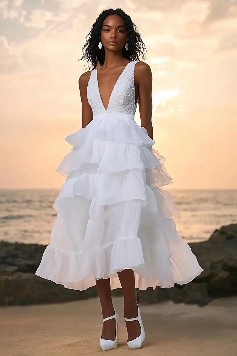 V-Neck White A Line Tulle Tiered Deep Long Graduation Dress - JUORTHO