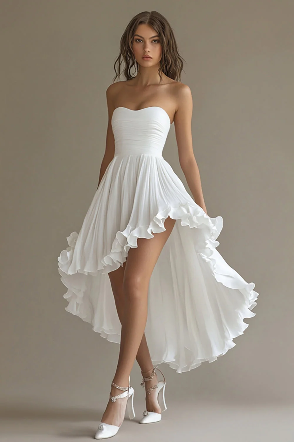 White Chiffon A Line High-Low Engagement Dress with Ruffles - JUORTHO